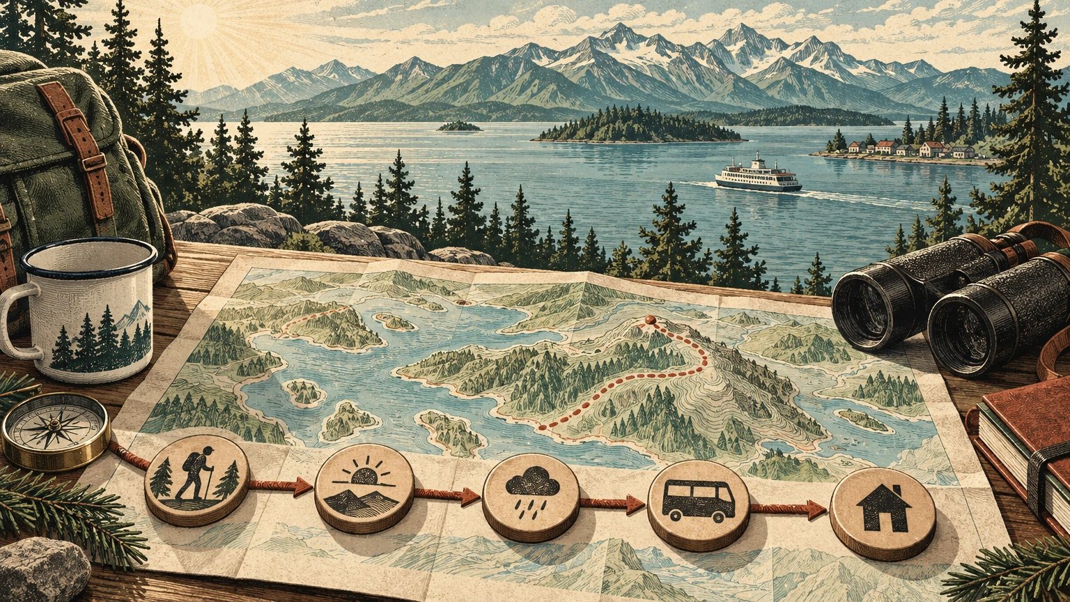 Illustrated map and backward timeline from a fixed return through buffers to an exploration window