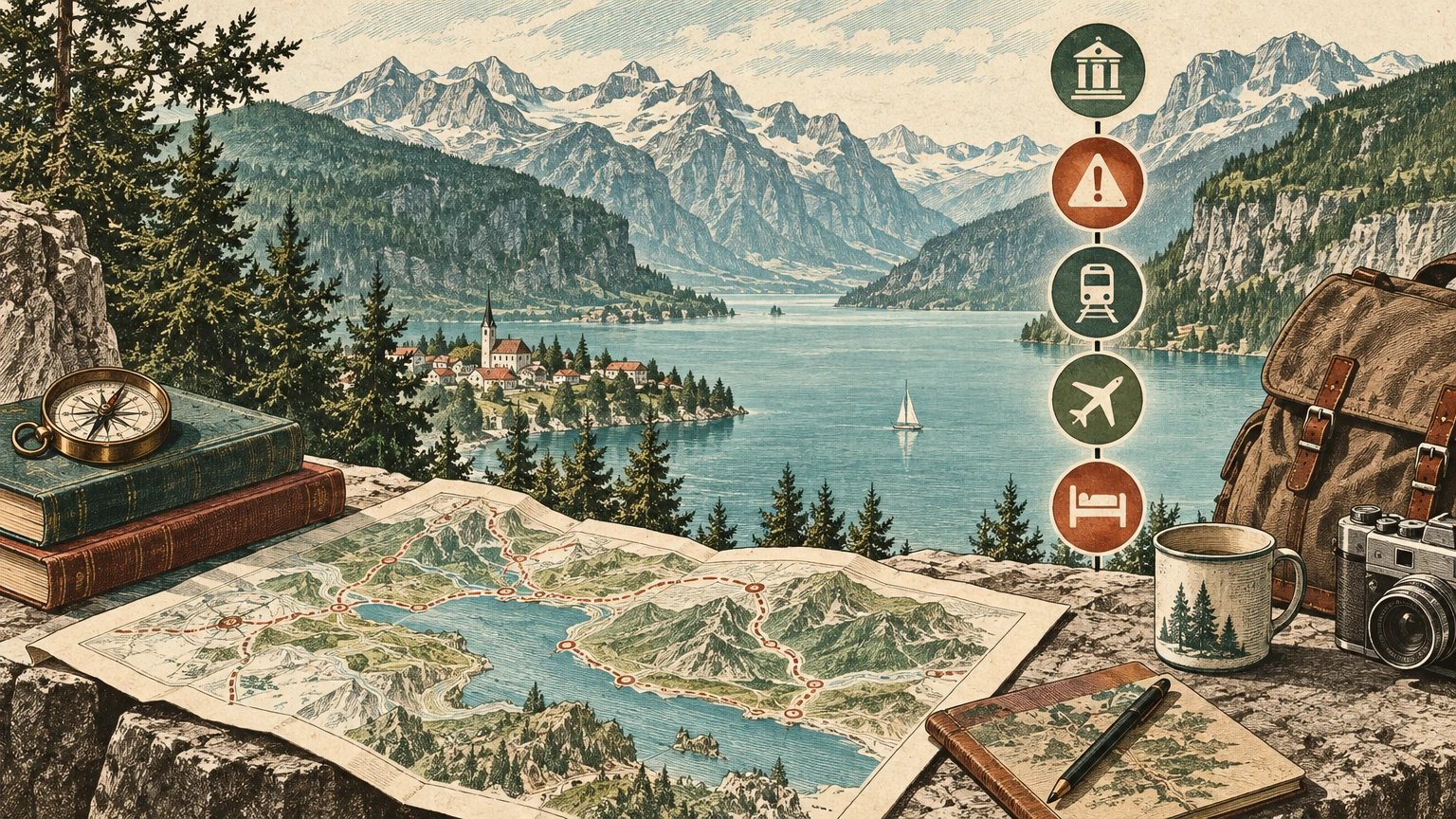 Illustrated source ladder beside official map, alert, transit, and lodging symbols