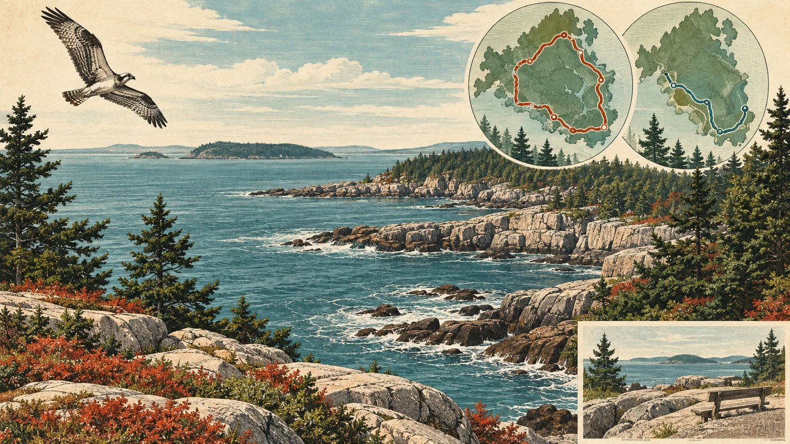 Illustrated coastal peninsula with a loop road, rocky shore, evergreens, and a two-column day-planning card