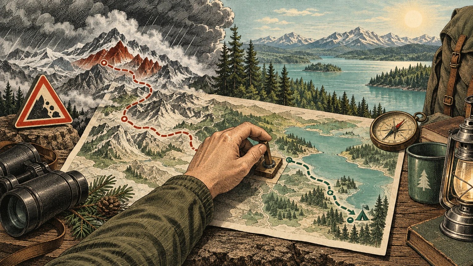 Illustrated switch card connecting weather, access, timing and energy signals to a slower day plan