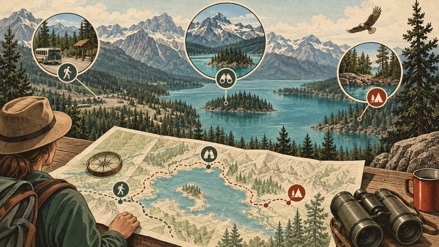 Illustrated slow-day map with one anchor, a long observation block and a nearby fallback