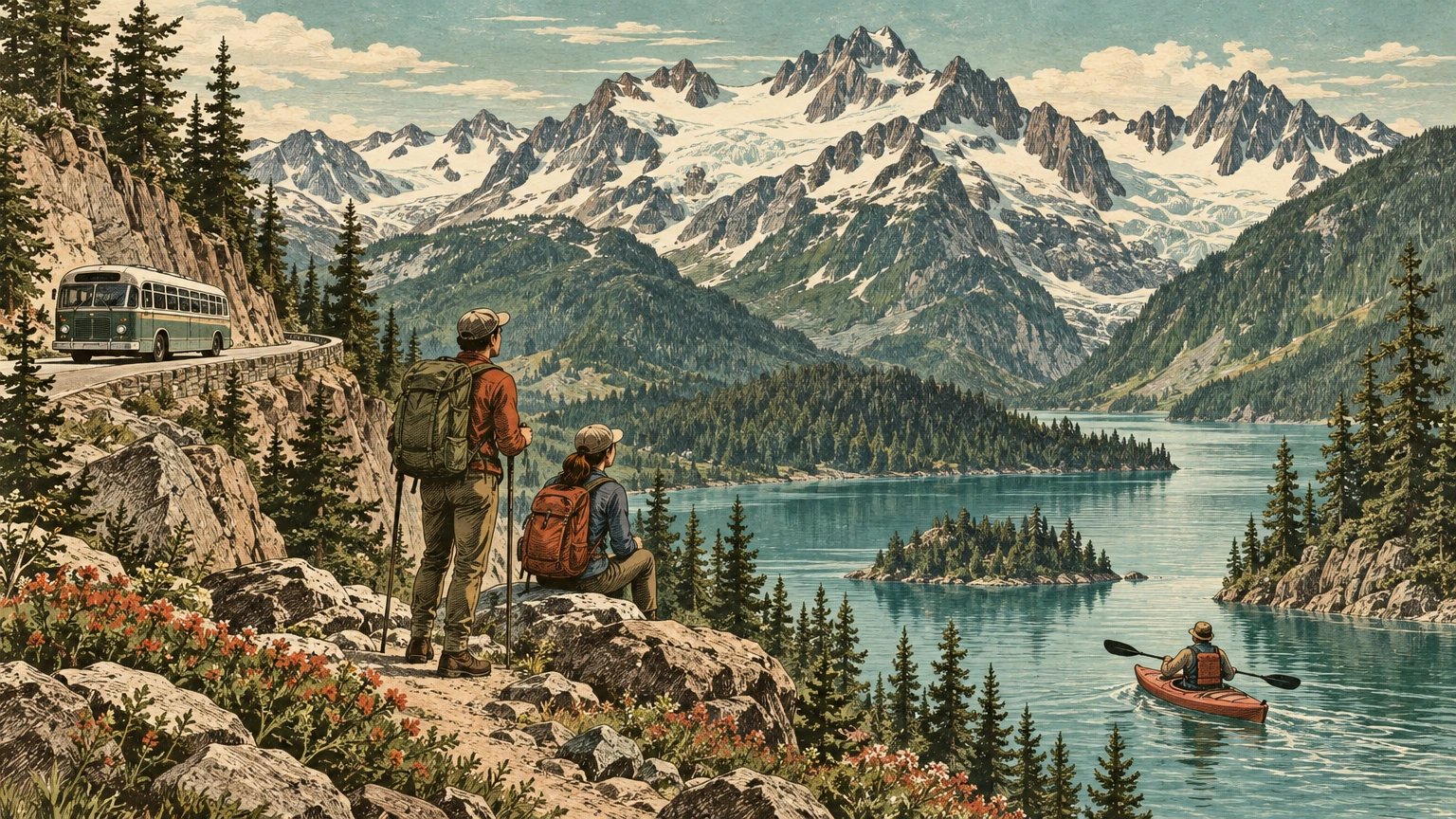 Illustrated North Cascades lake, layered alpine ridges, glacier forms, road overlook, and activity comparison card