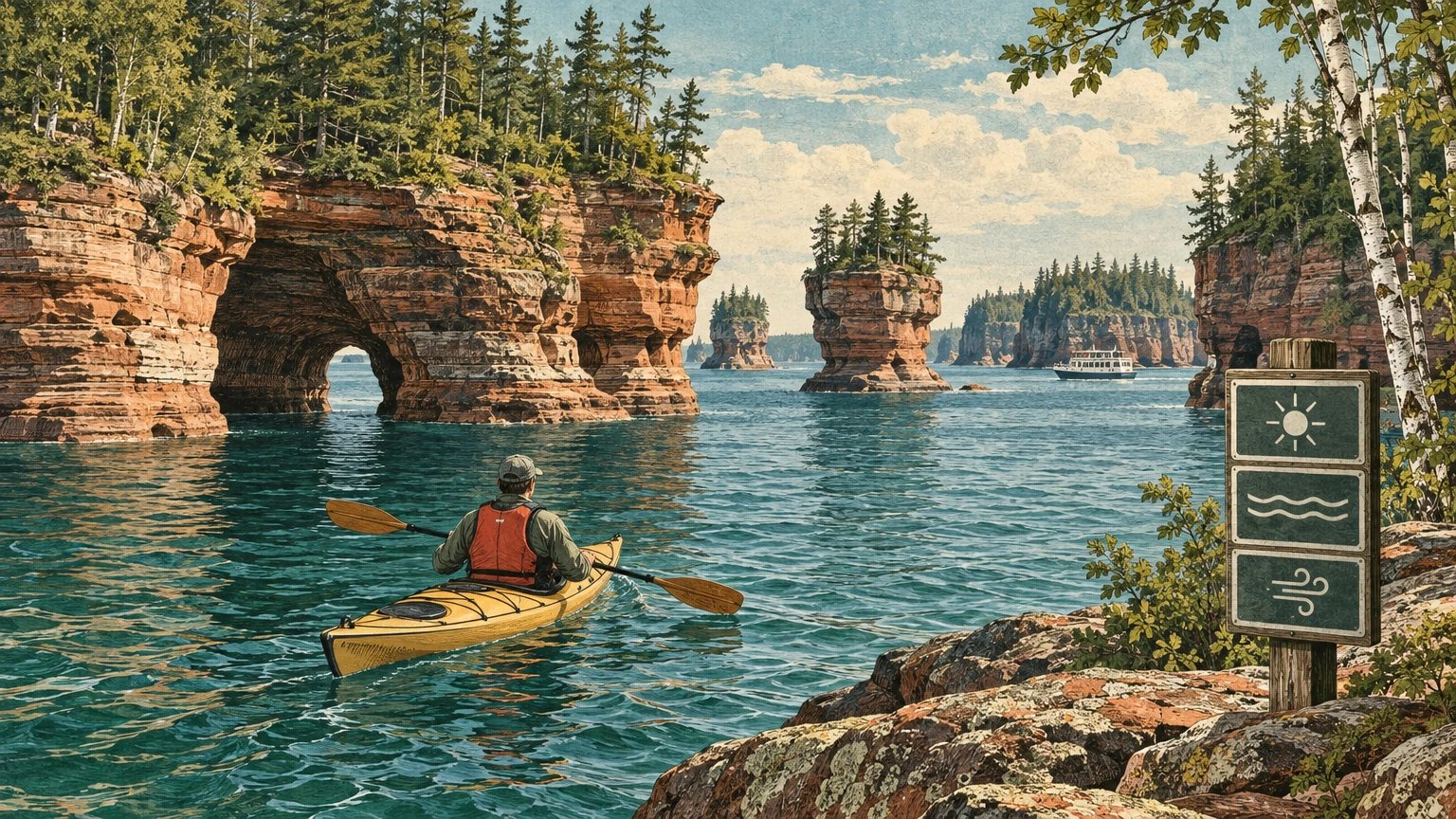 Illustrated Lake Superior shoreline, island silhouettes, tour boat, kayak, and shore-or-water decision card
