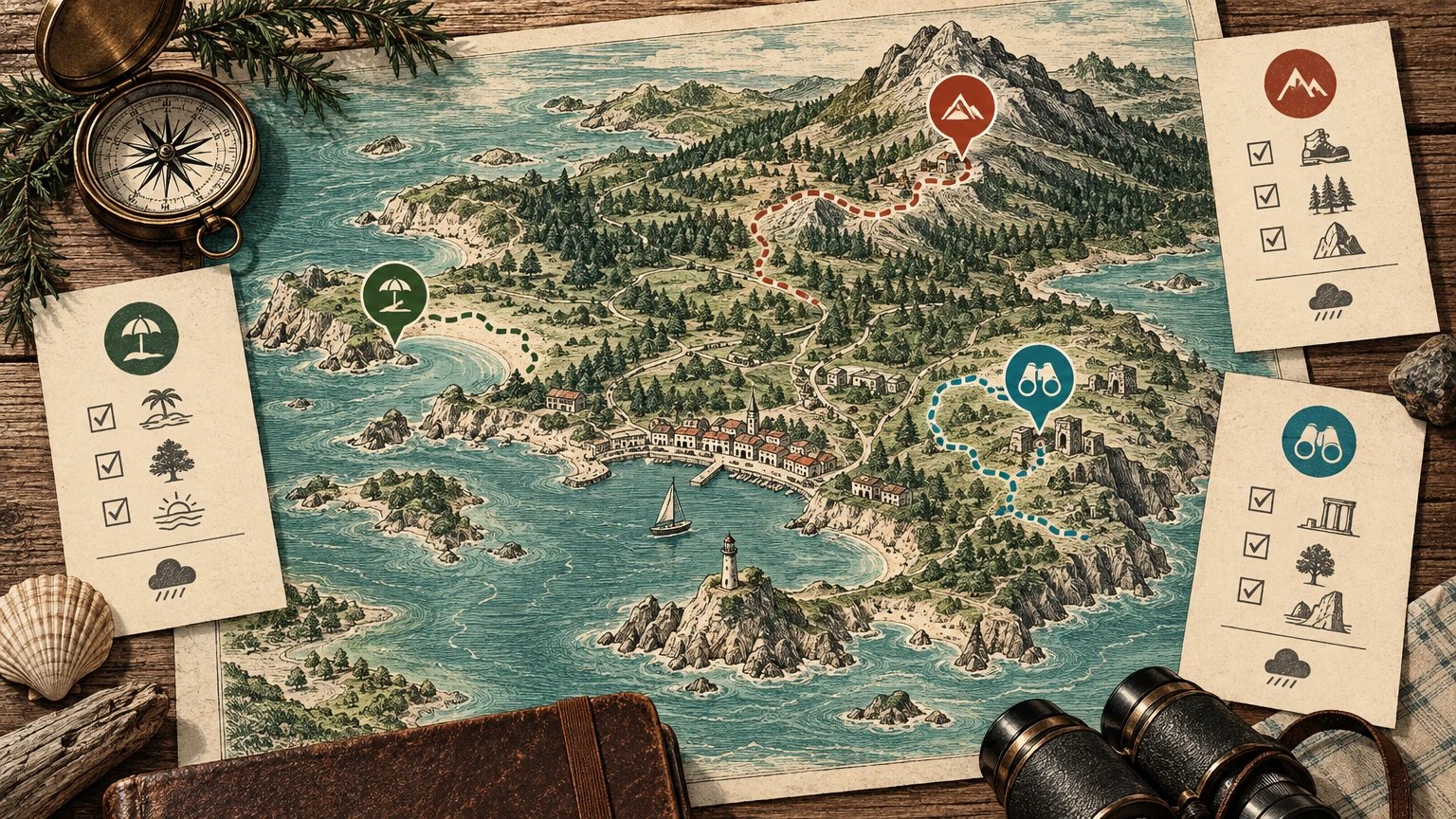 Illustrated destination map with three distinct overlays for Chill, Active and Exploration days