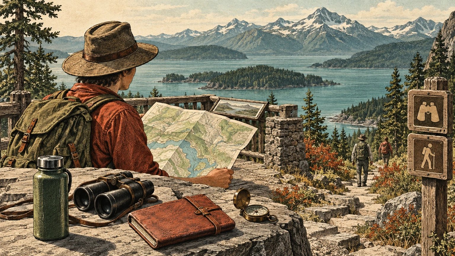 Illustrated nature-access ladder rising from an overlook to a short interpreted path