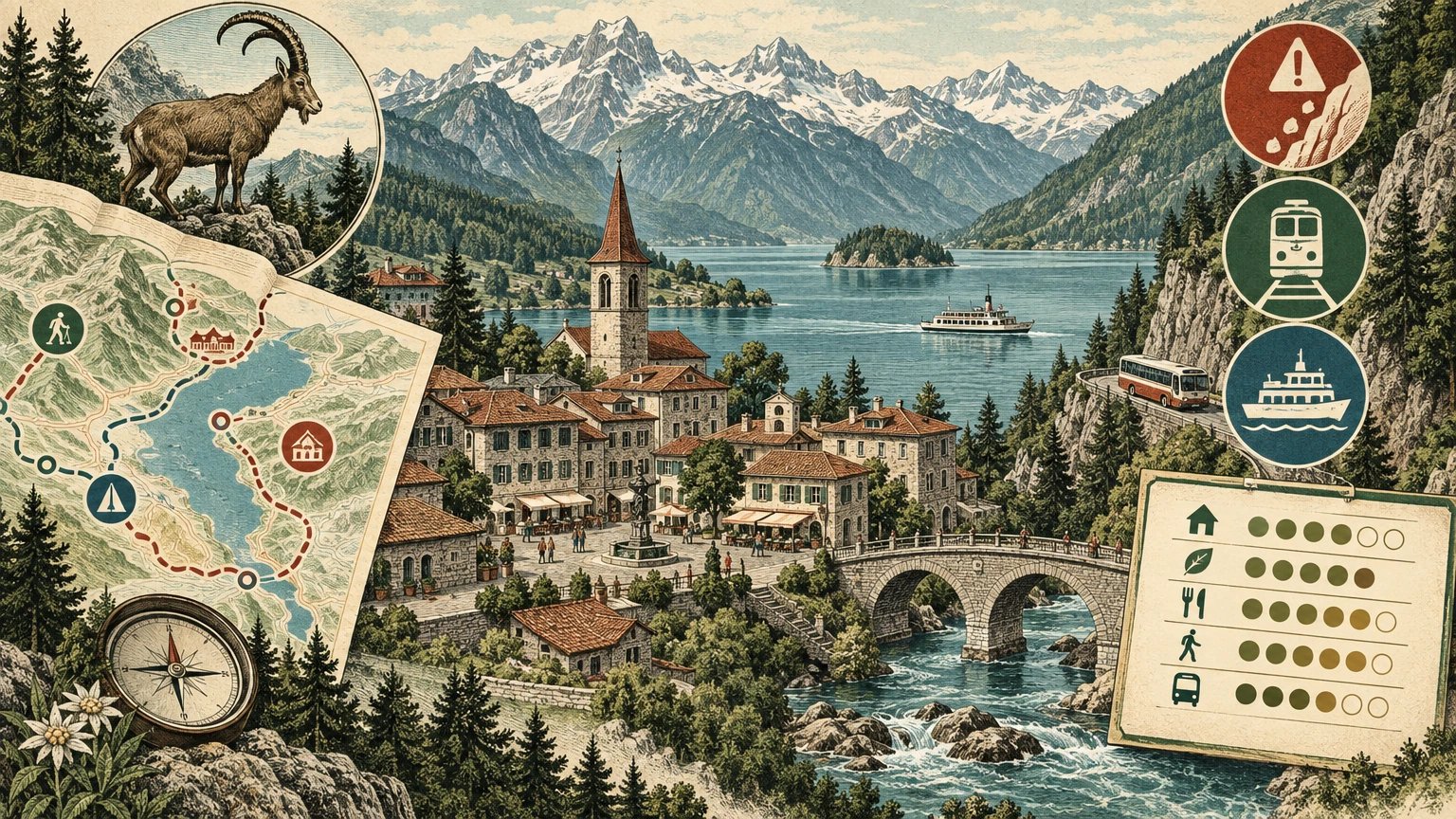 Illustrated town hub connected to coast, trail, and rail with a base scorecard