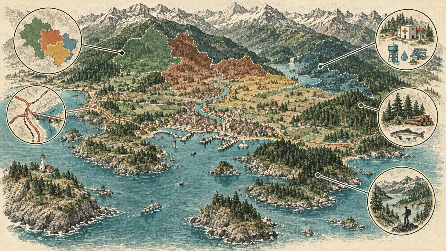 Illustrated official regional map with colored layers for districts, access, services, and alerts