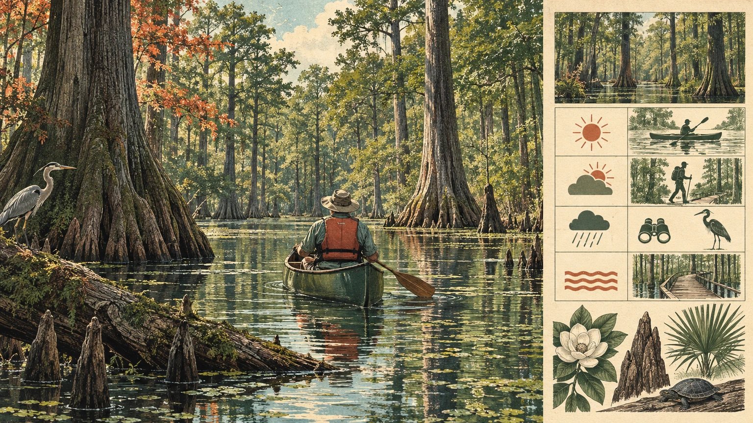 Illustrated Congaree floodplain forest with elevated boardwalk, dark water, tall trees, and activity matrix