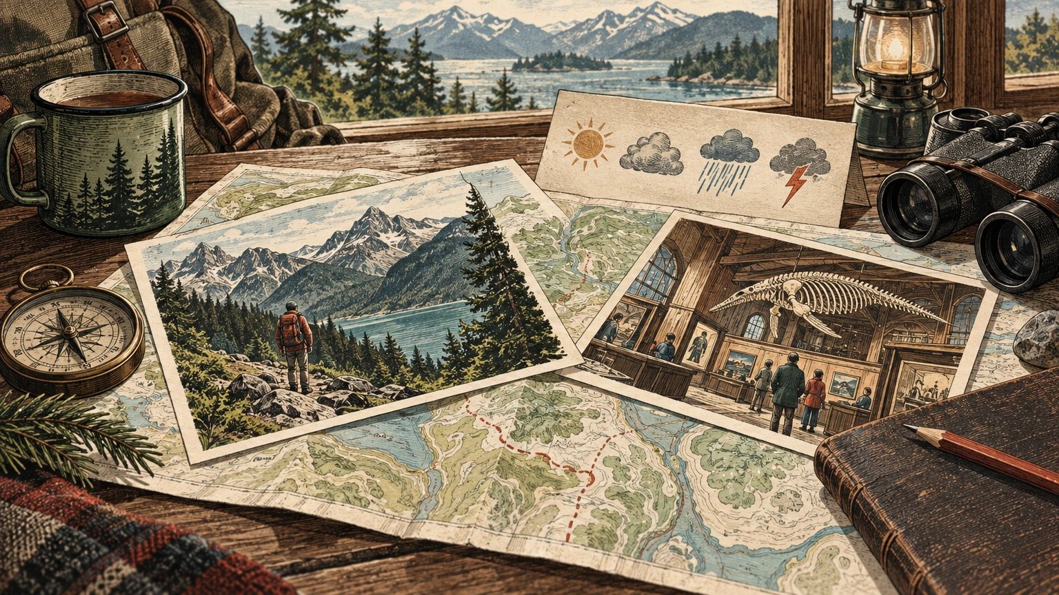 Illustrated destination cards pairing an outdoor landscape with a sheltered local interpretation option
