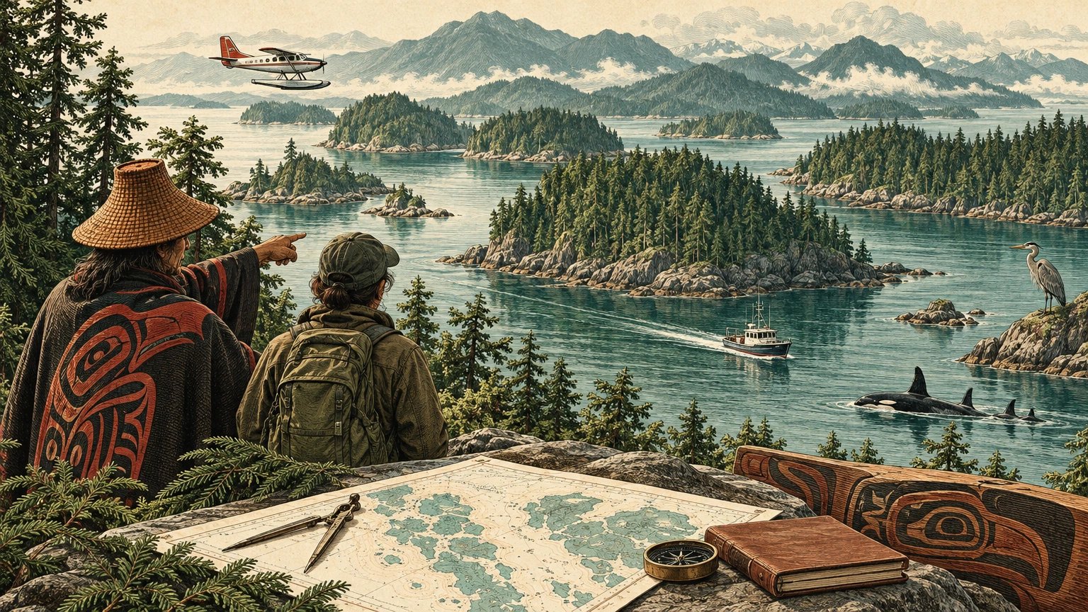 Illustrated coastal islands with a small boat, seaplane, chart, and planning cards