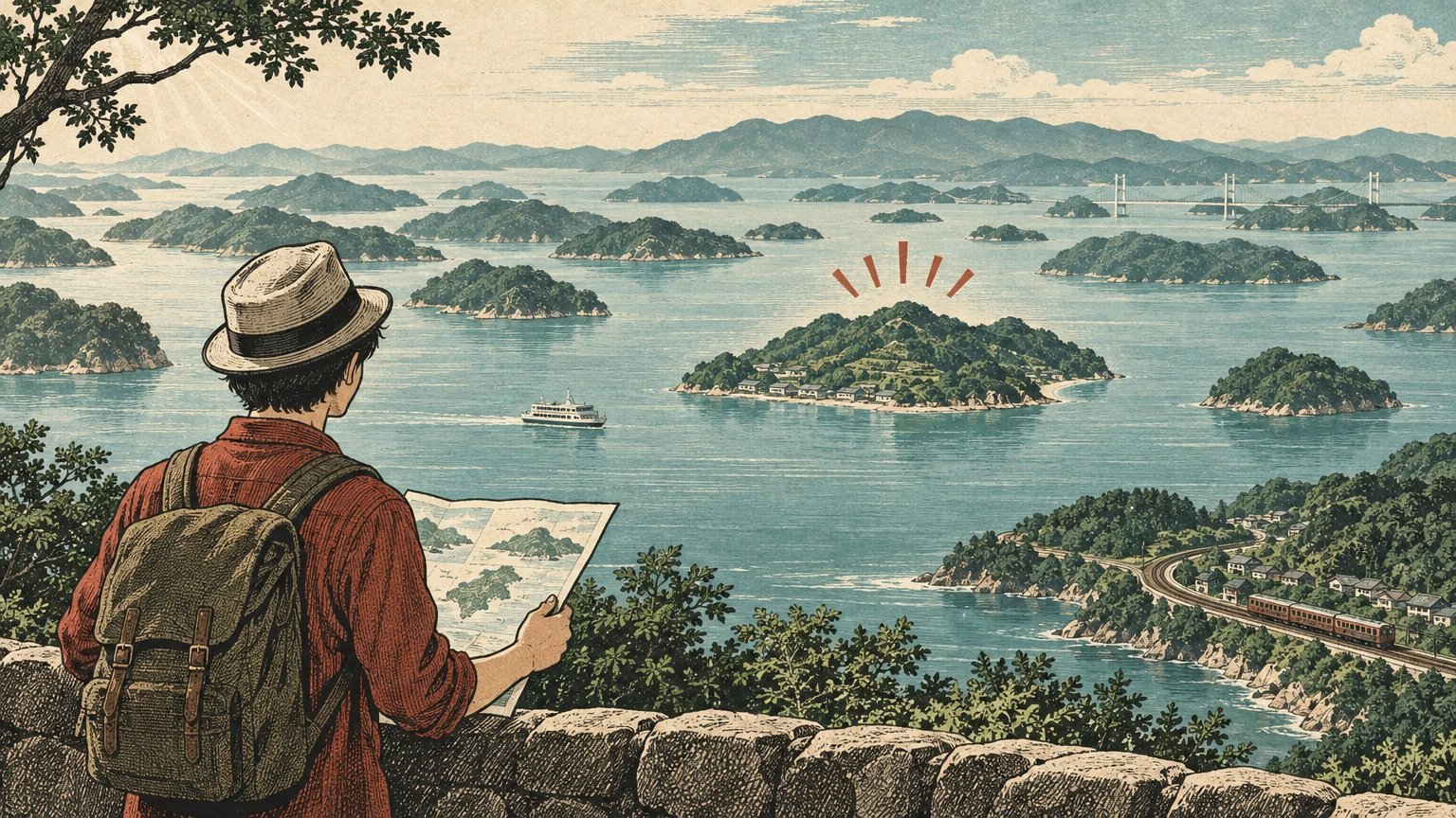Illustrated Setouchi islands with ferry lines, one highlighted island, and a day-planning card