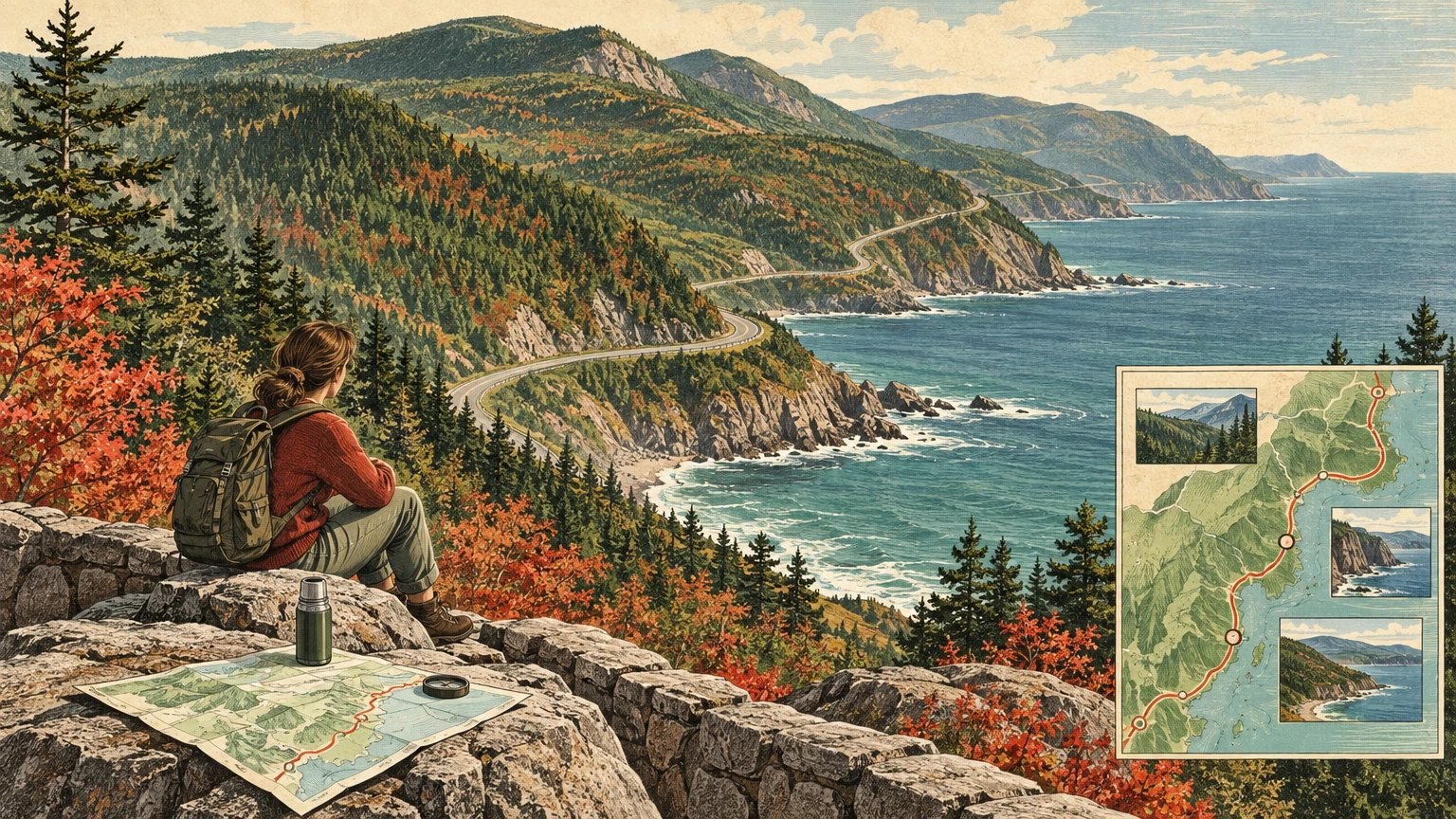 Illustrated Cabot Trail coastal road through Cape Breton Highlands with ocean overlooks, trail marker, and segment planner