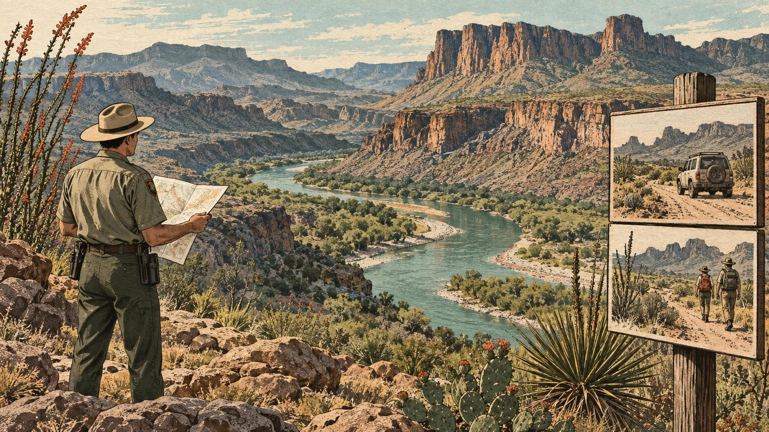 Illustrated Chihuahuan Desert canyon, state-park road, high-clearance vehicle and land-manager comparison card
