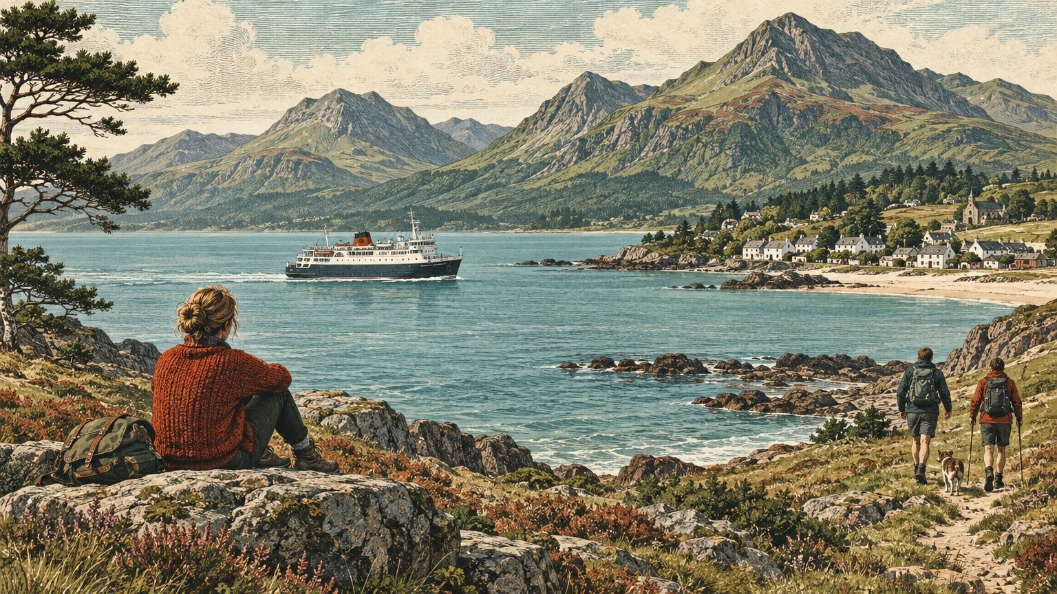 Illustrated Scottish island with ferry, mountain and shore paths, and a pace-choice card