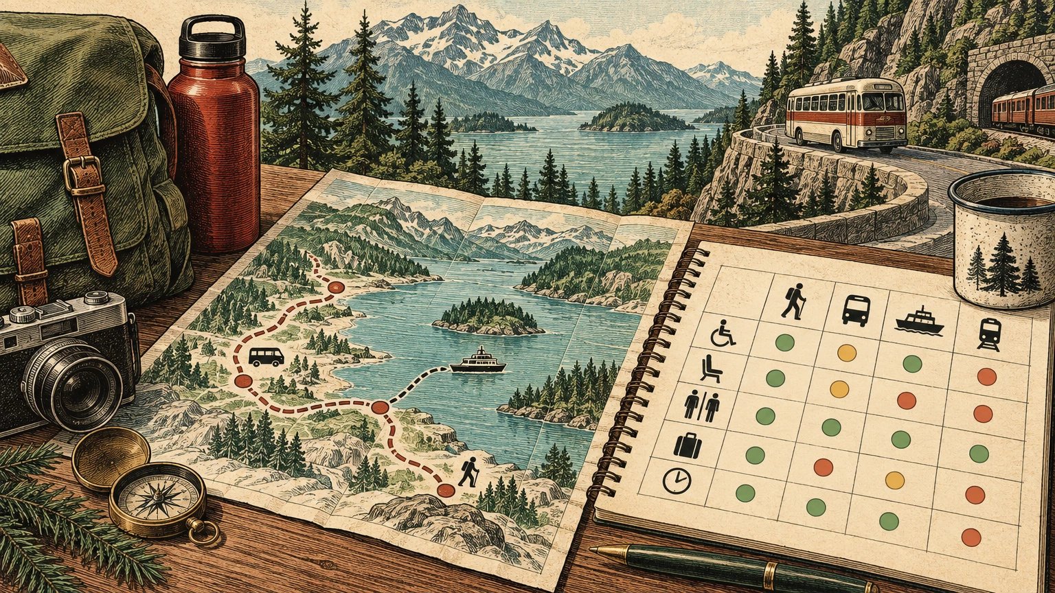 Illustrated planning table connecting individual access needs to destination features and confirmation questions
