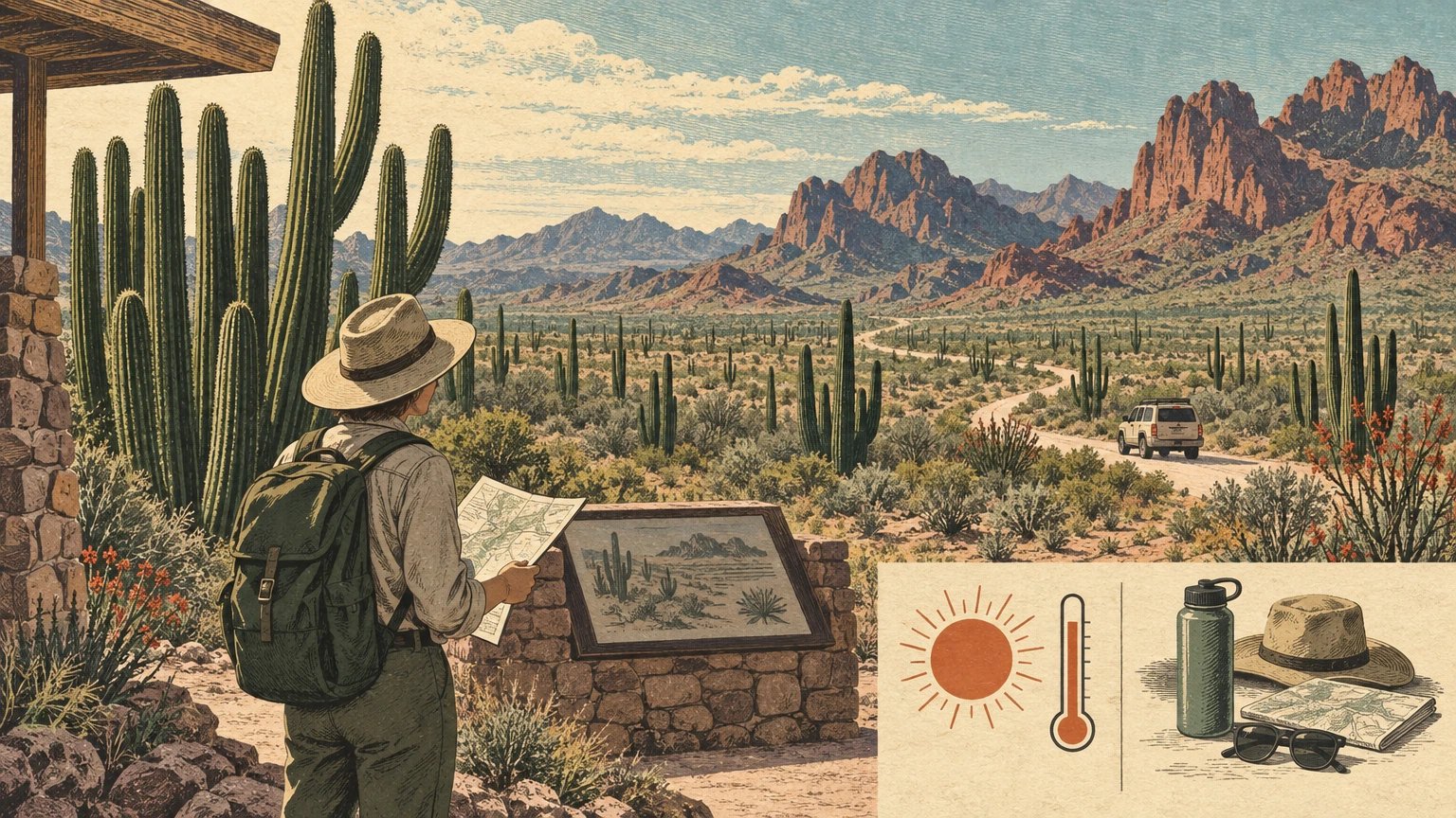 Illustrated Sonoran Desert with organ pipe cacti, road, campground symbols, and heat-and-access departure checklist