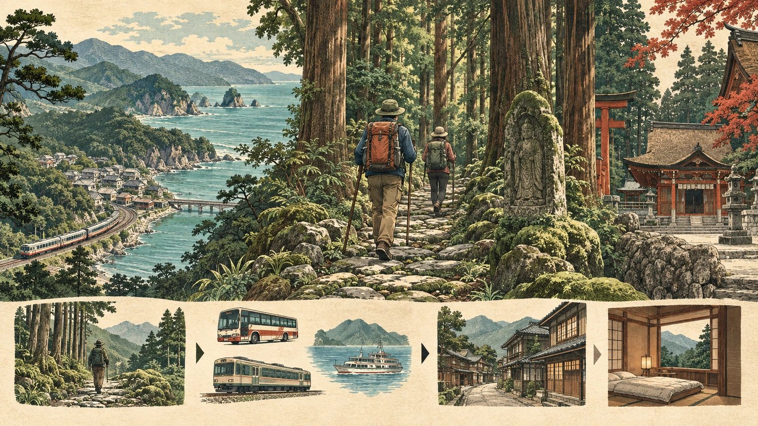 Illustrated forest pilgrimage path with village stop, transit marker, and route matrix
