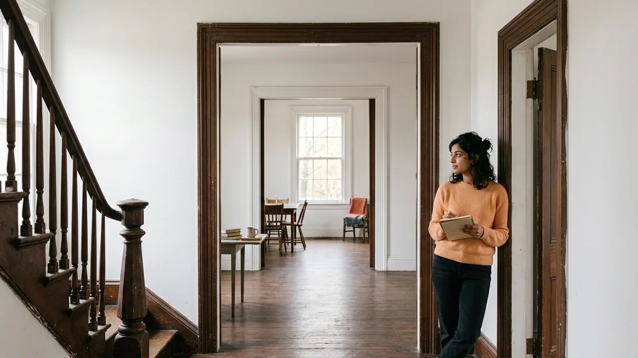 A woman wearing a peach-colored sweater stands in a doorway, holding a notebook and pen. She is looking to the side, with a clear view through several connected rooms in a home with wooden floors and white walls, including a view of a dining table and chairs in the background.
