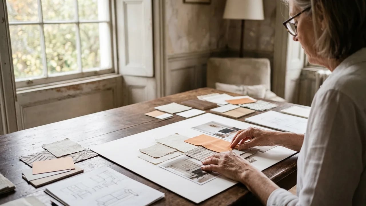 A woman with glasses works at a wooden table covered in interior design material samples, fabric swatches, and sketches.