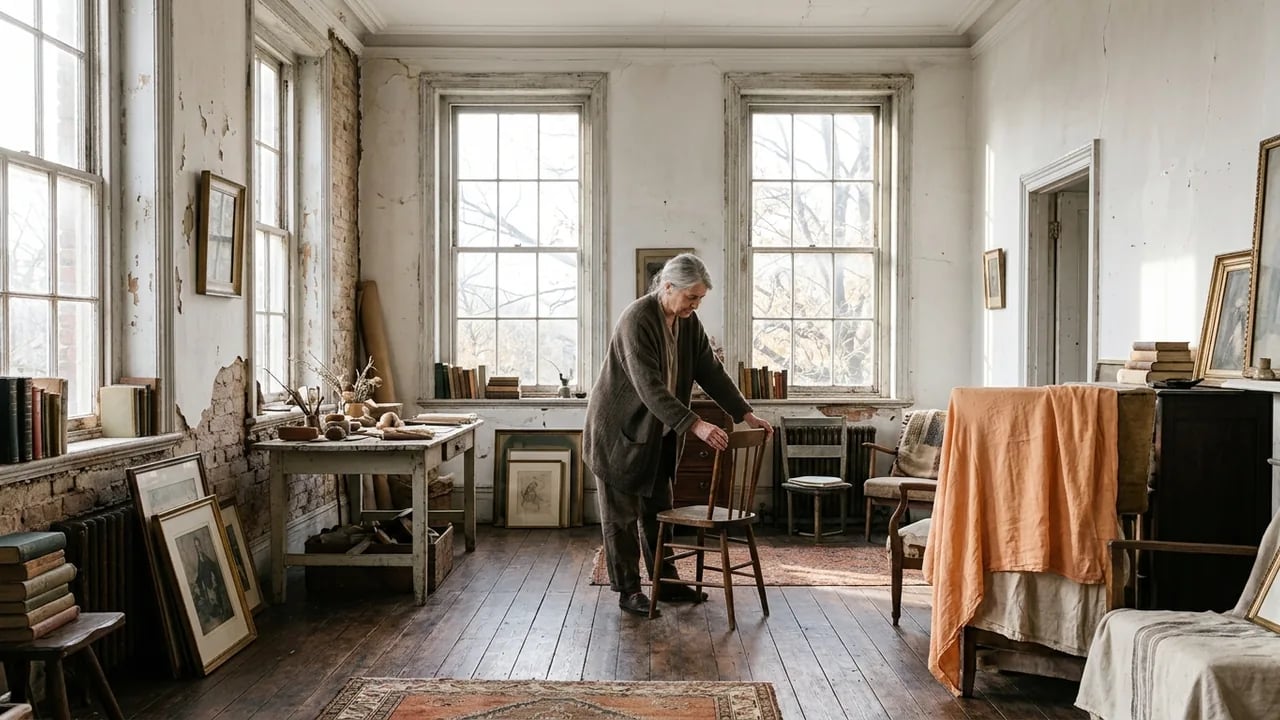 An elderly woman stands in a sunlit, rustic room, adjusting a wooden chair on the dark hardwood floor amidst antique decor, books, and artwork.