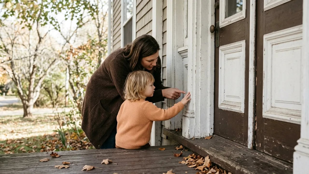 A woman and a young child standing on a porch, pointing at the wooden trim of a front door.