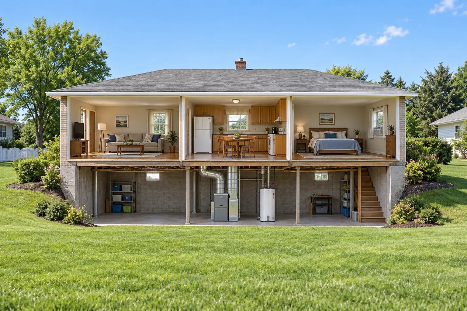 A cutaway of a ranch house shows a furnace and water heater in the basement, a refrigerator in the kitchen and a window air conditioner in a bedroom.