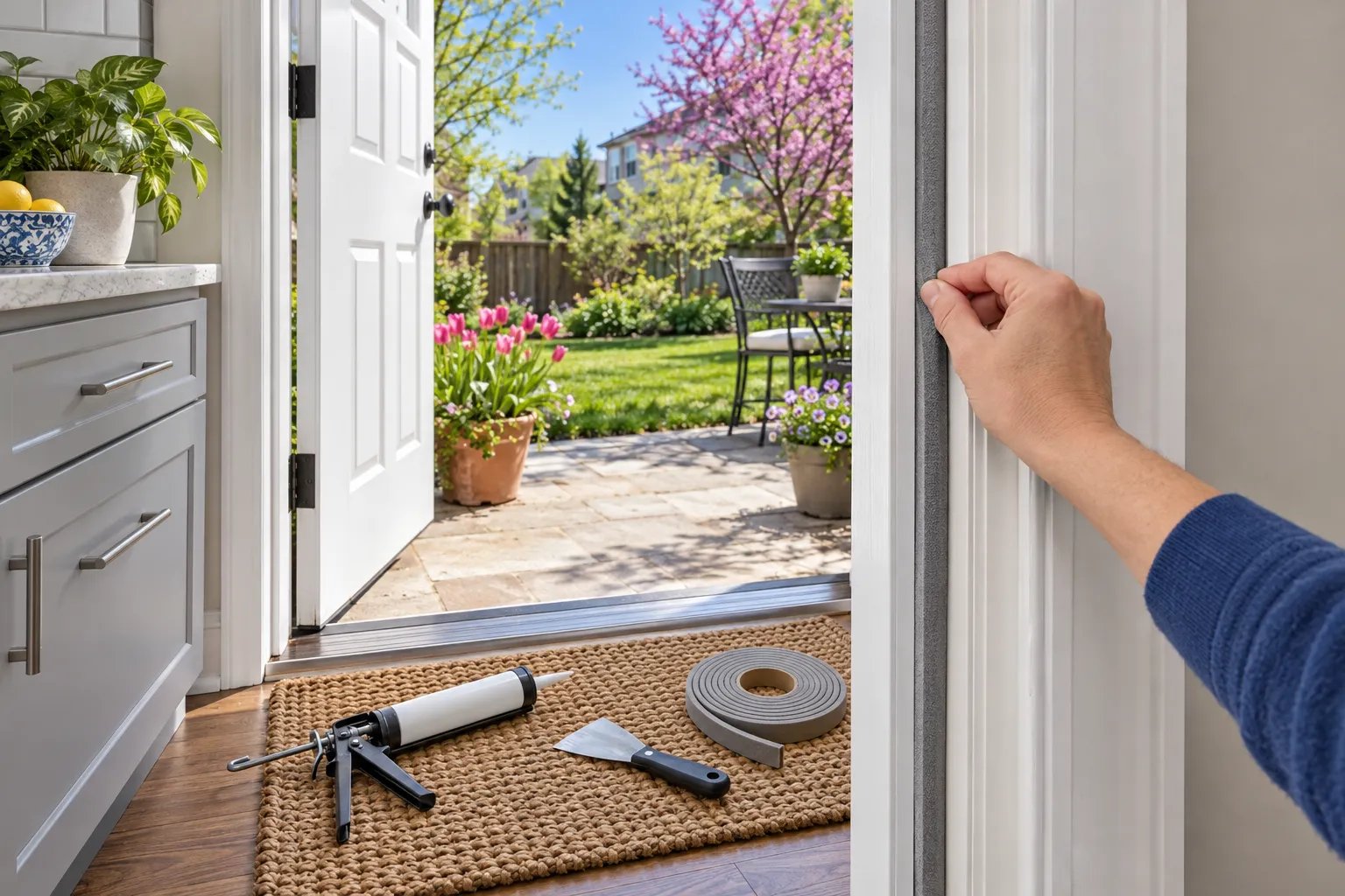 A hand presses foam weatherstrip into the jamb of an open back door, with a caulk gun and putty knife on the mat and a spring garden outside.