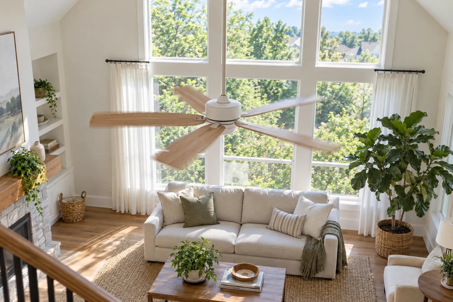 A ceiling fan with light wooden blades turns in a bright living room above a linen sofa, with sheer curtains and summer trees behind.