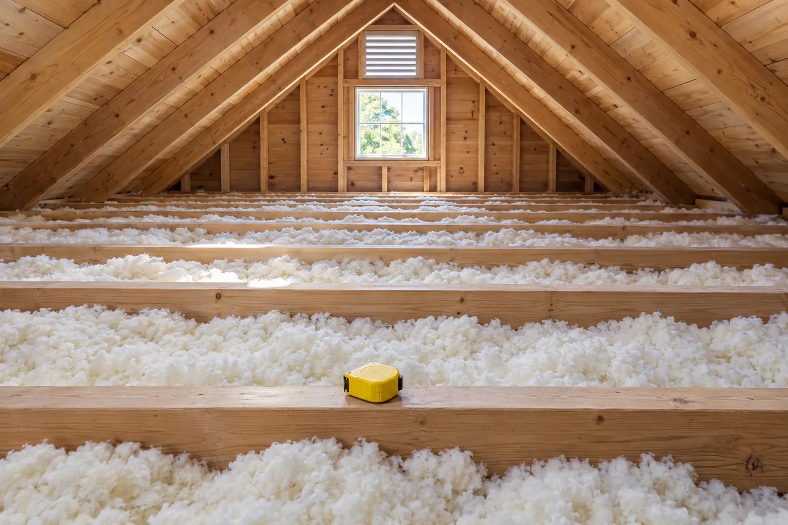 Fluffy off-white insulation fills the bays between wooden joists in a bright attic, with a closed yellow tape measure resting on a joist.