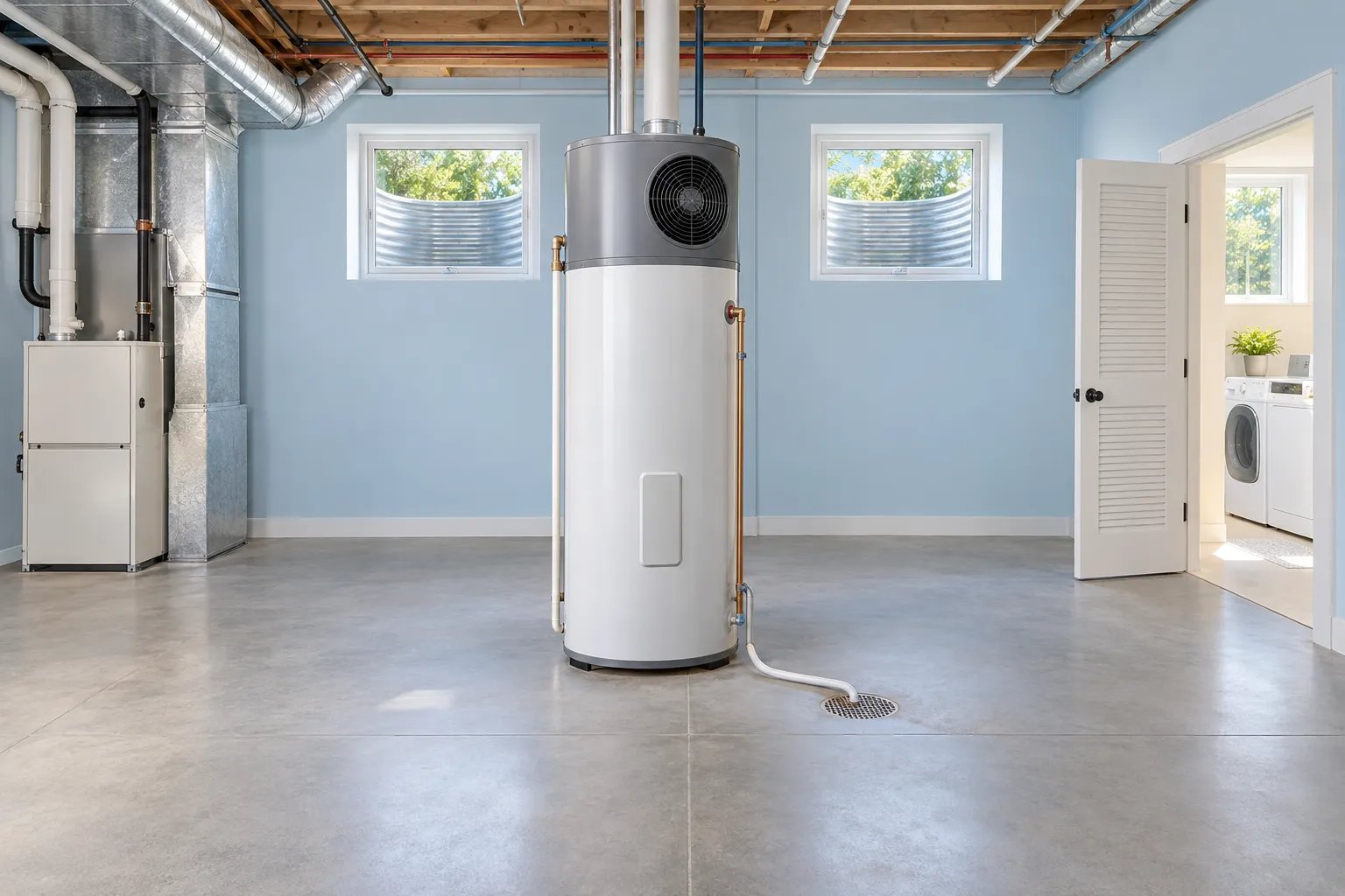 A tall white heat pump water heater stands with plenty of open space around it in a bright basement, its condensate tube running to a floor drain.