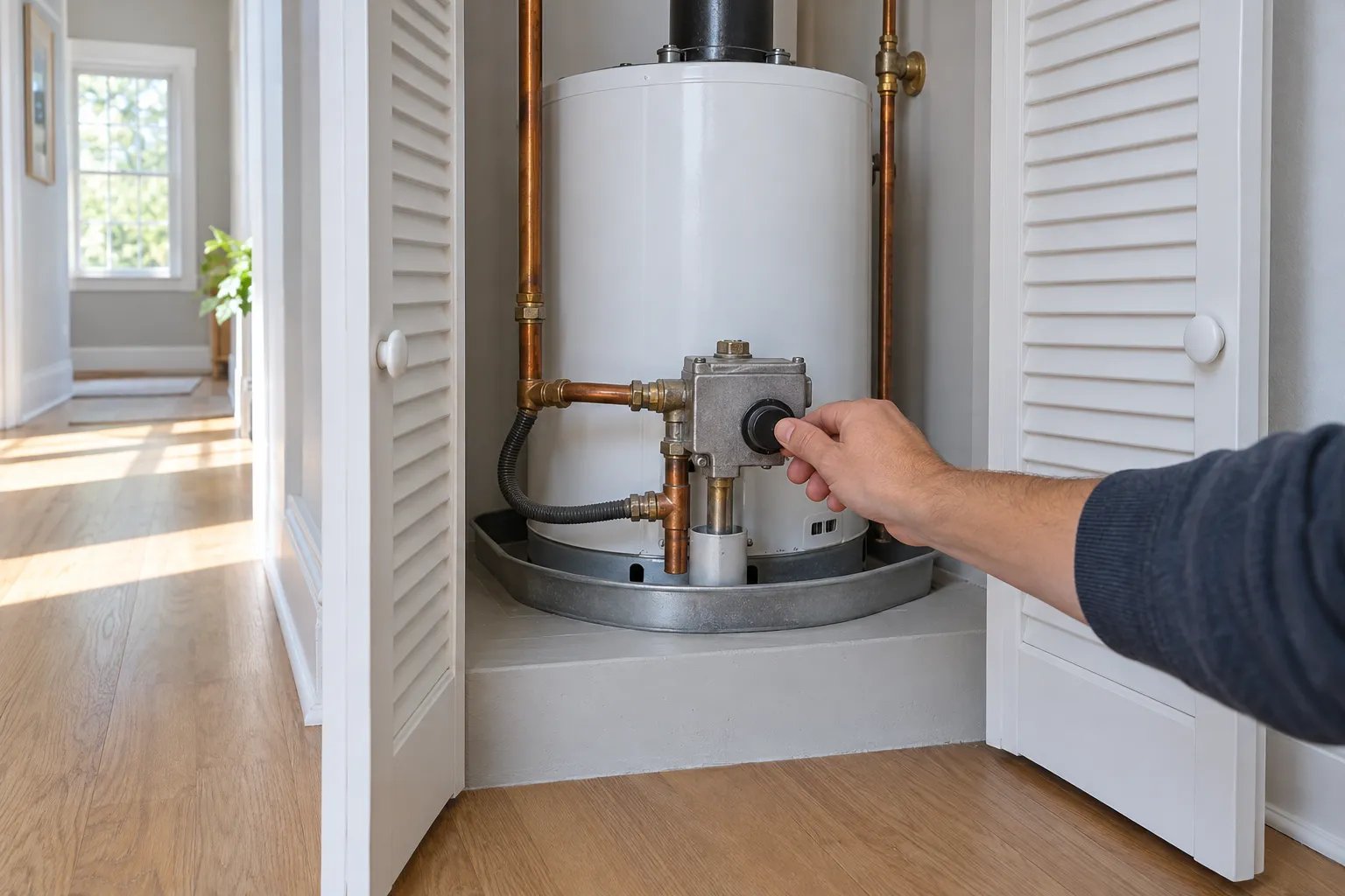 A hand turns the control knob of a gas water heater inside a hallway closet with its louvered doors folded open.