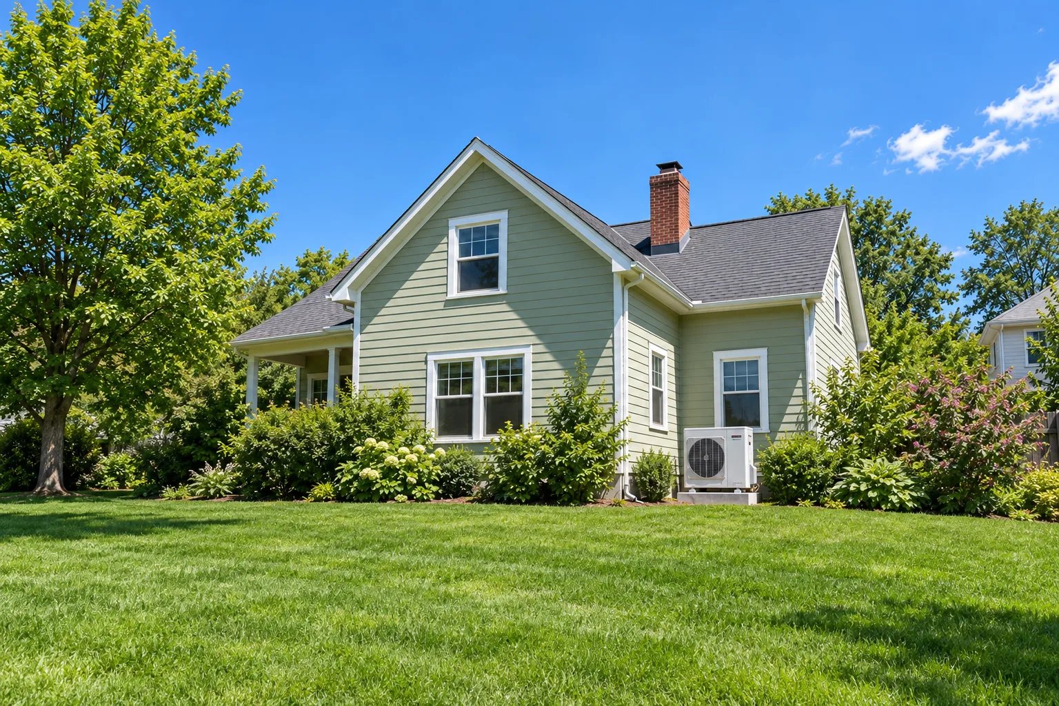 A pale green two-story house with a brick chimney and a heat pump unit beside it, under a clear blue midday sky