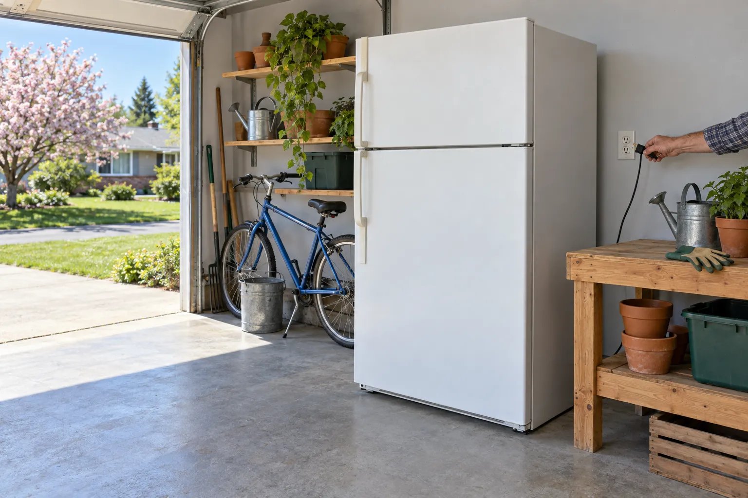 A hand unplugs an older white refrigerator in a bright garage, next to shelves of garden pots and a blue bicycle.