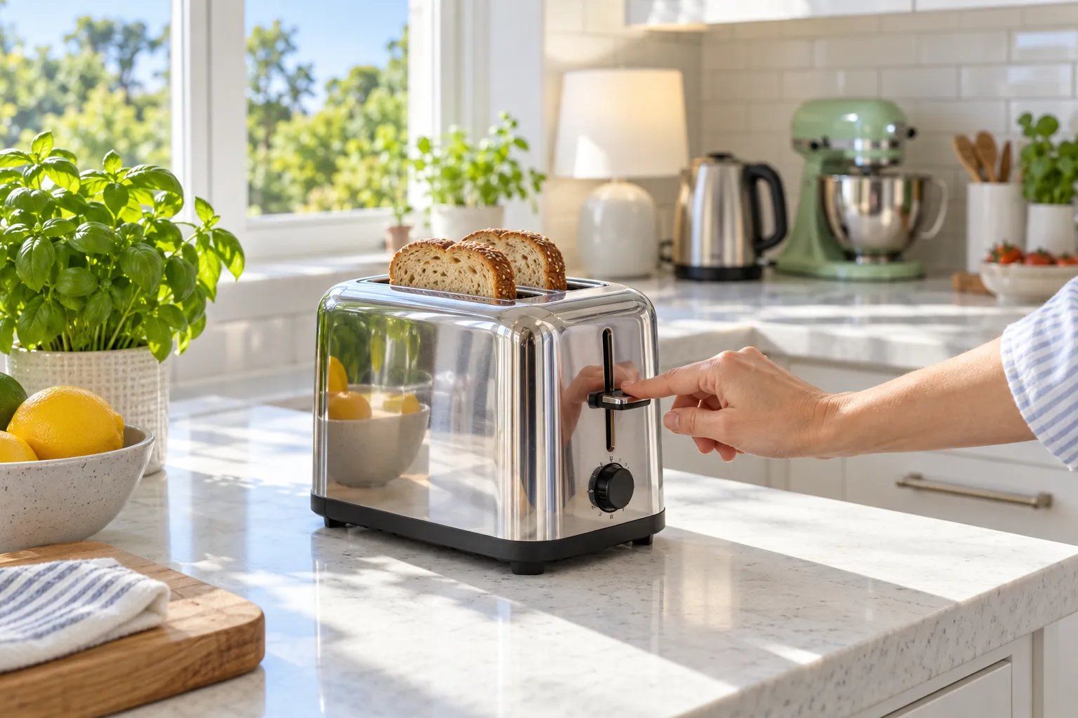 A hand presses down the lever of a chrome toaster on a kitchen counter, with a table lamp, kettle and stand mixer behind.
