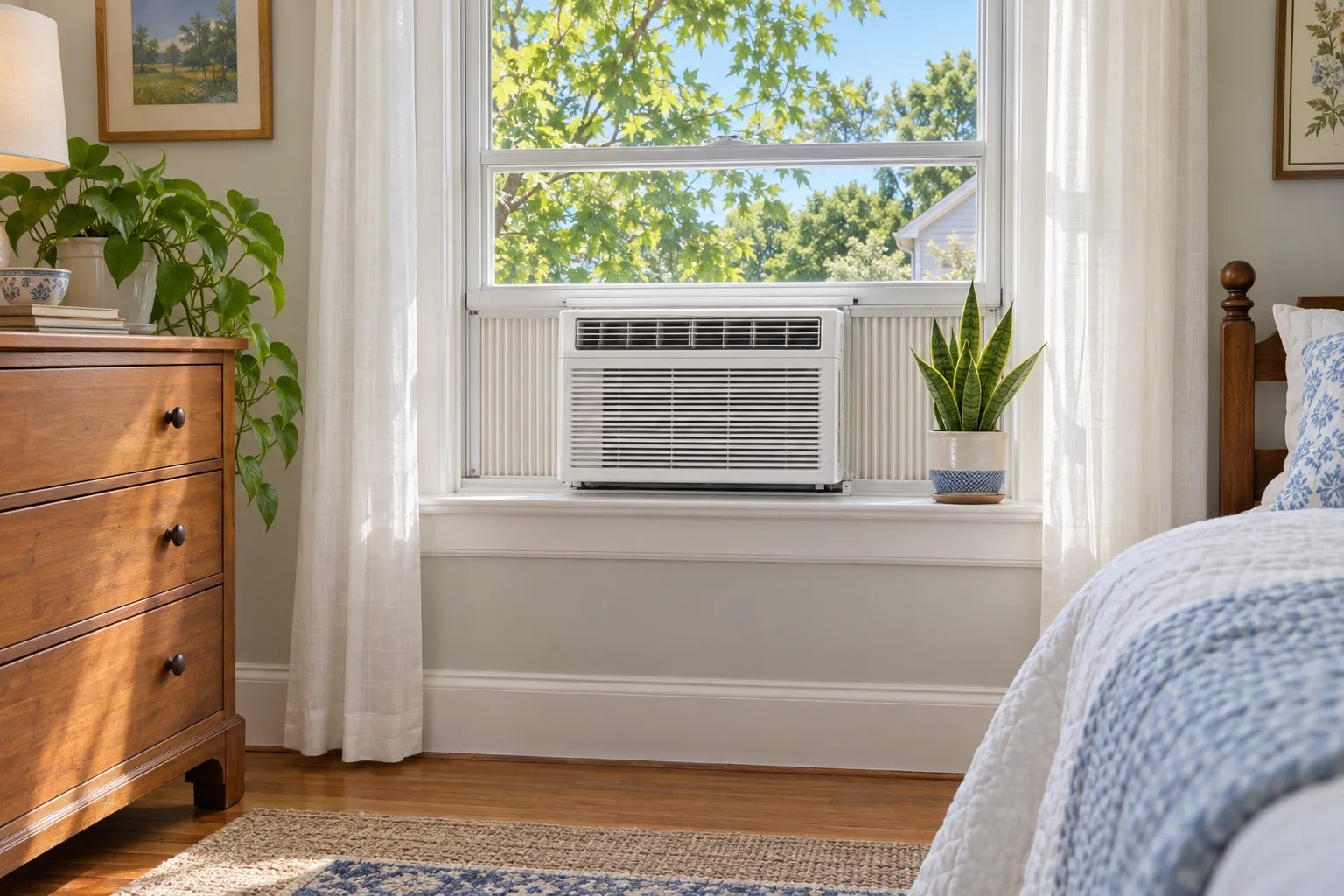 A white window air conditioner sits level in a bedroom window beside a potted plant, with green leaves and blue sky outside.