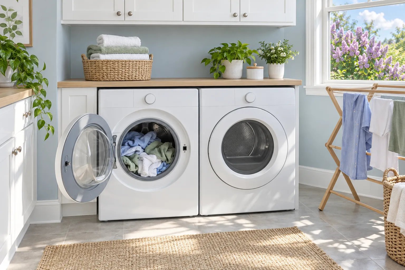 A front-loading washer with an open door stands beside a dryer in a bright laundry room, with folded towels and a wooden drying rack by the window.