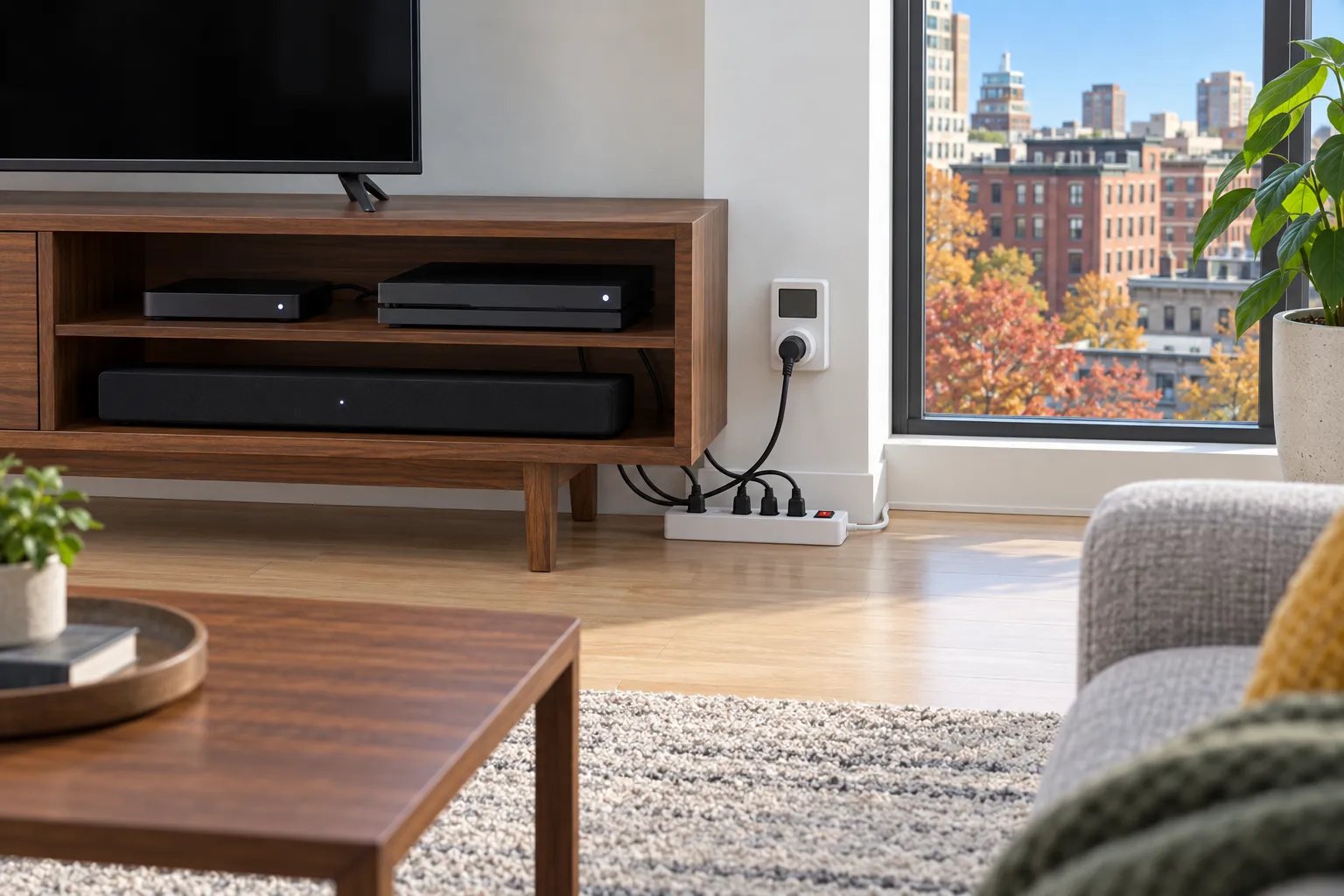 A set-top box, game console and soundbar with small standby lights sit on a TV console, cabled to a floor power strip beside a plug-in meter in the wall outlet.