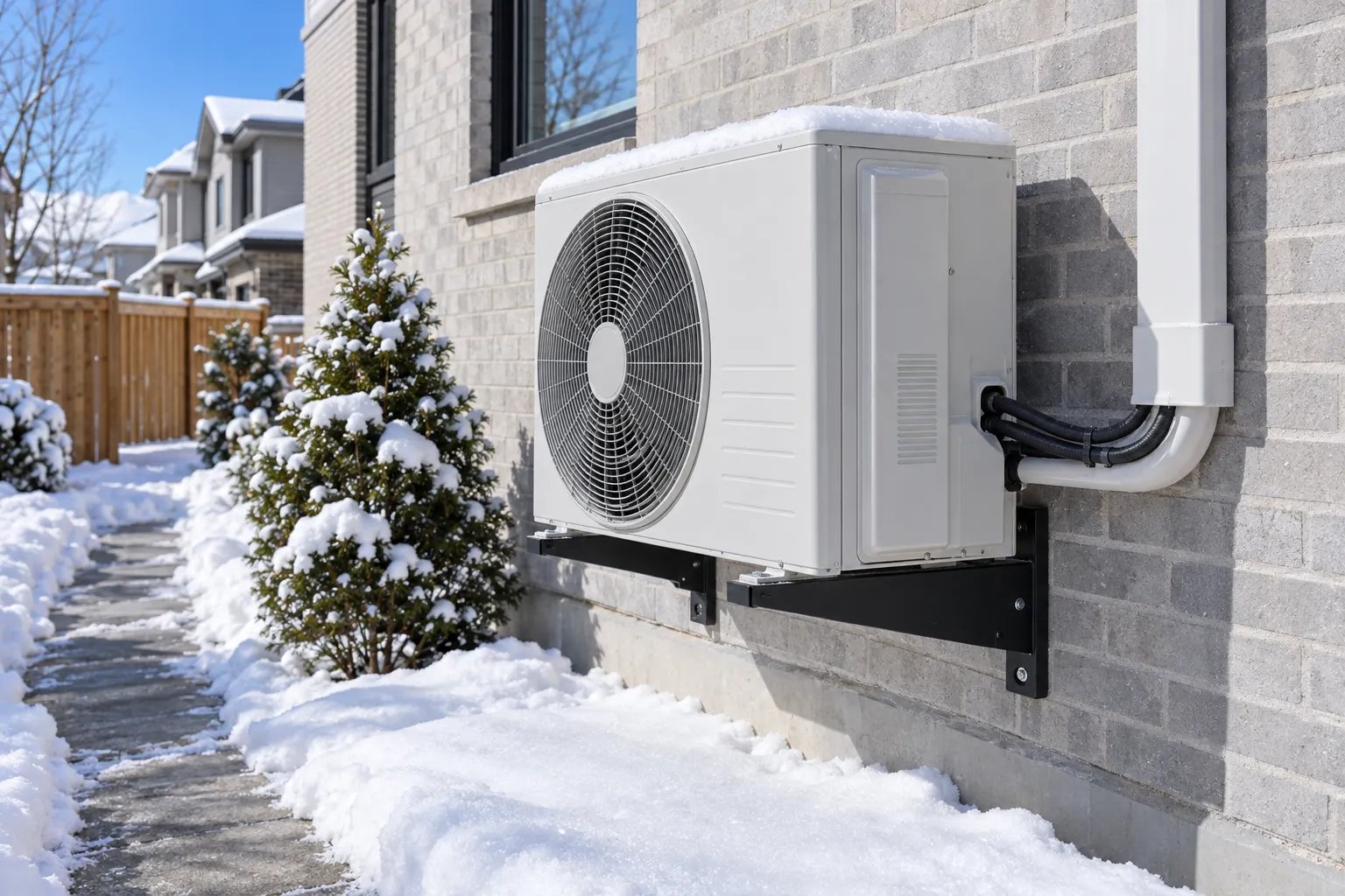 A white heat pump outdoor unit sits on a wall bracket above fresh snow beside a gray brick townhouse under a blue sky.