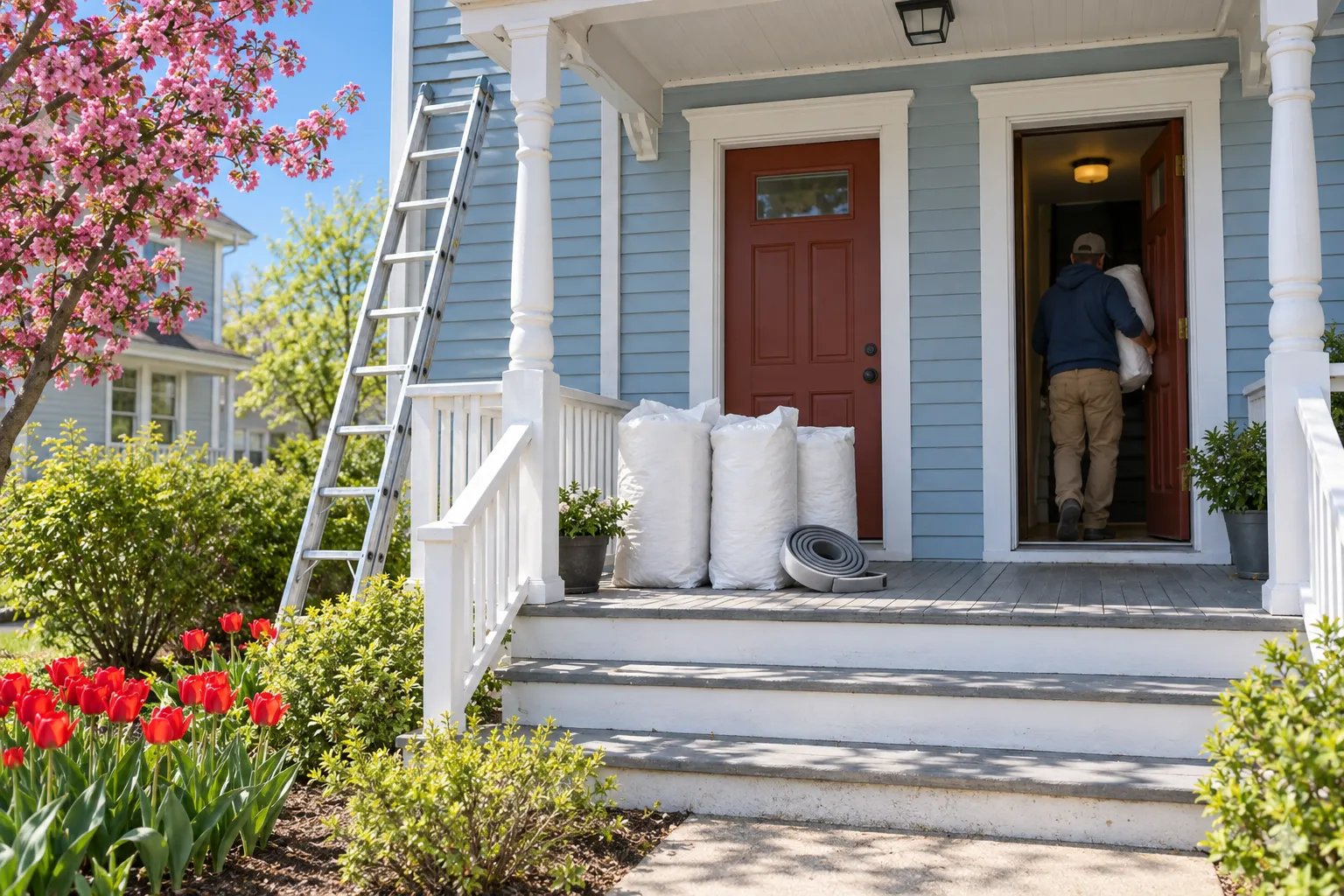 An aluminum ladder leans against a pale blue two-family house while bags of insulation and a roll of weatherstripping wait on the porch.