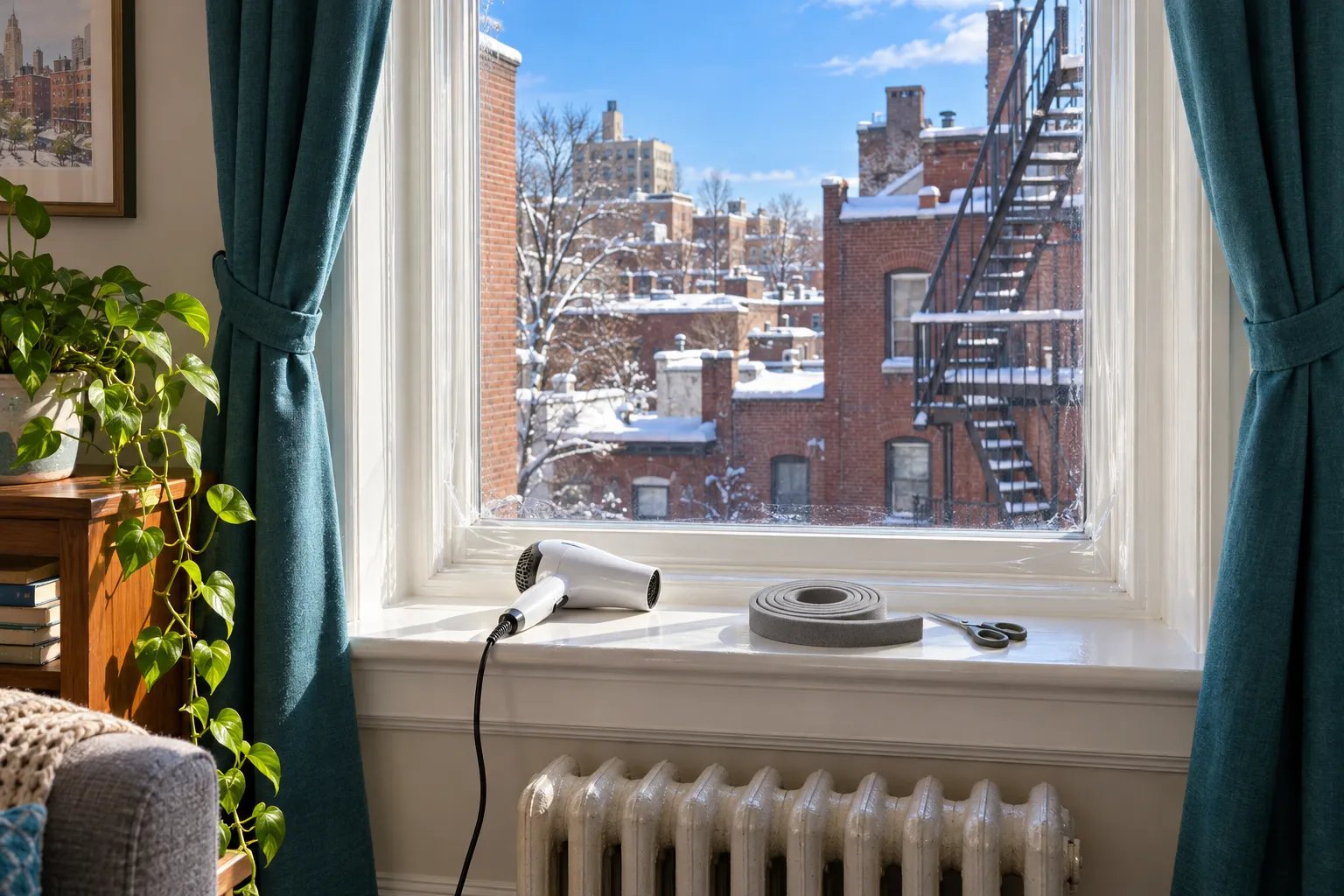 Clear shrink film is stretched over a tall apartment window, with a hair dryer and a roll of weatherstrip on the sill and snowy rooftops outside.