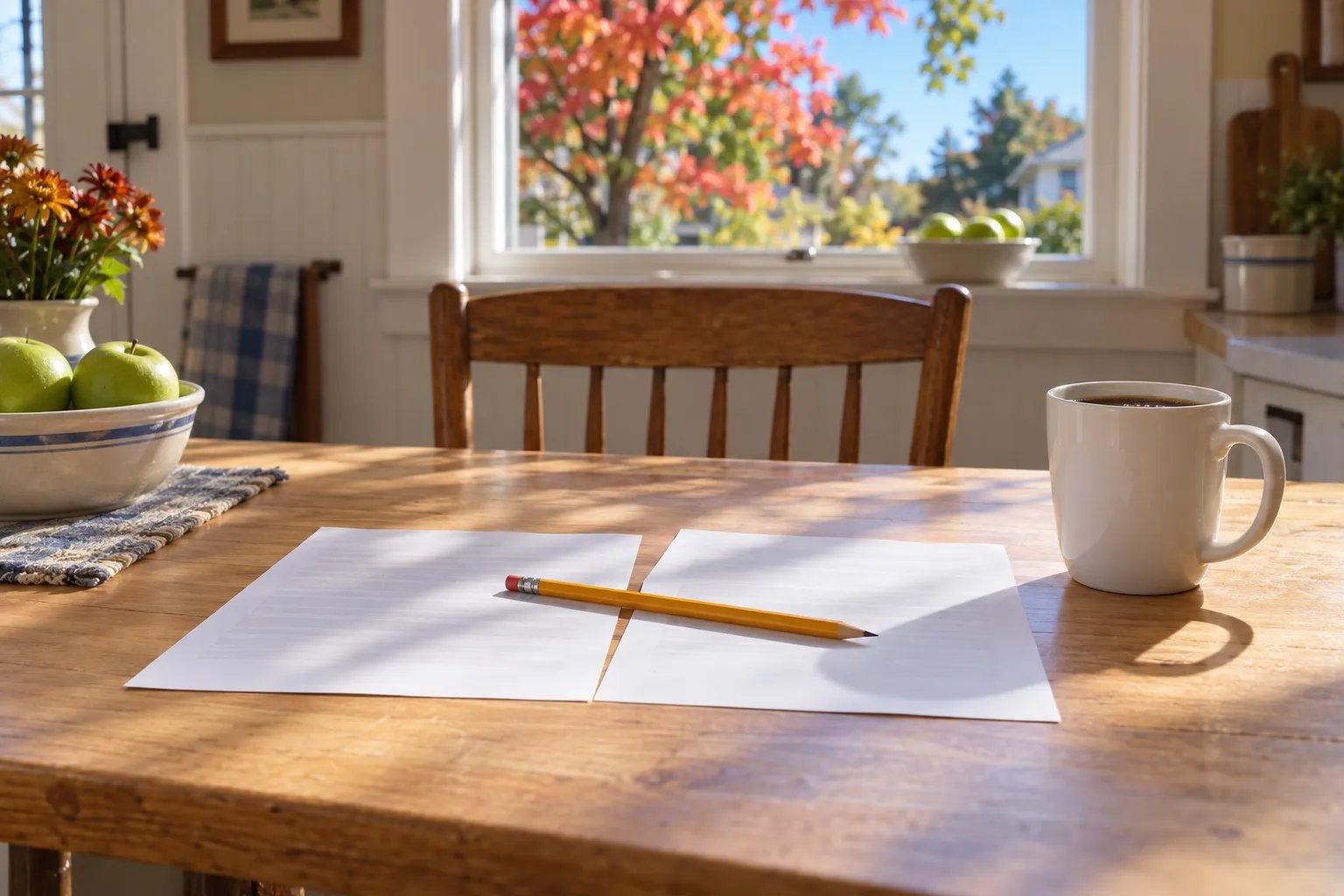 Two paper bills lie side by side on a sunny kitchen table with a pencil across them and a mug of coffee nearby.