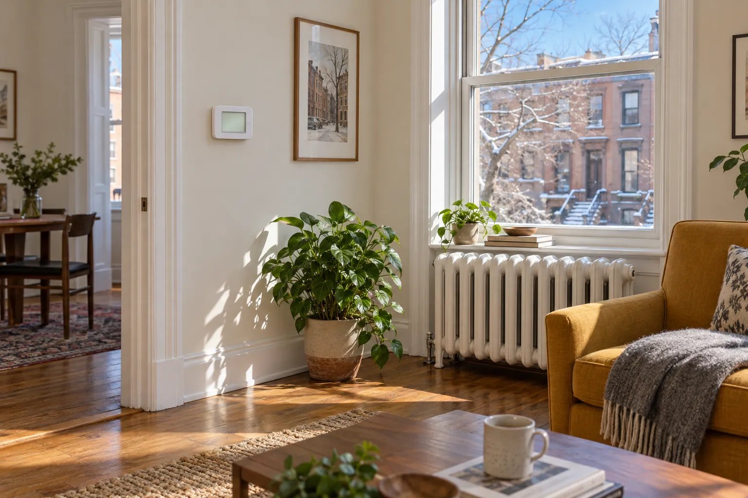 A plain wall thermostat hangs beside a doorway in a sunny living room, with a white radiator under the window and a wool blanket on an armchair.
