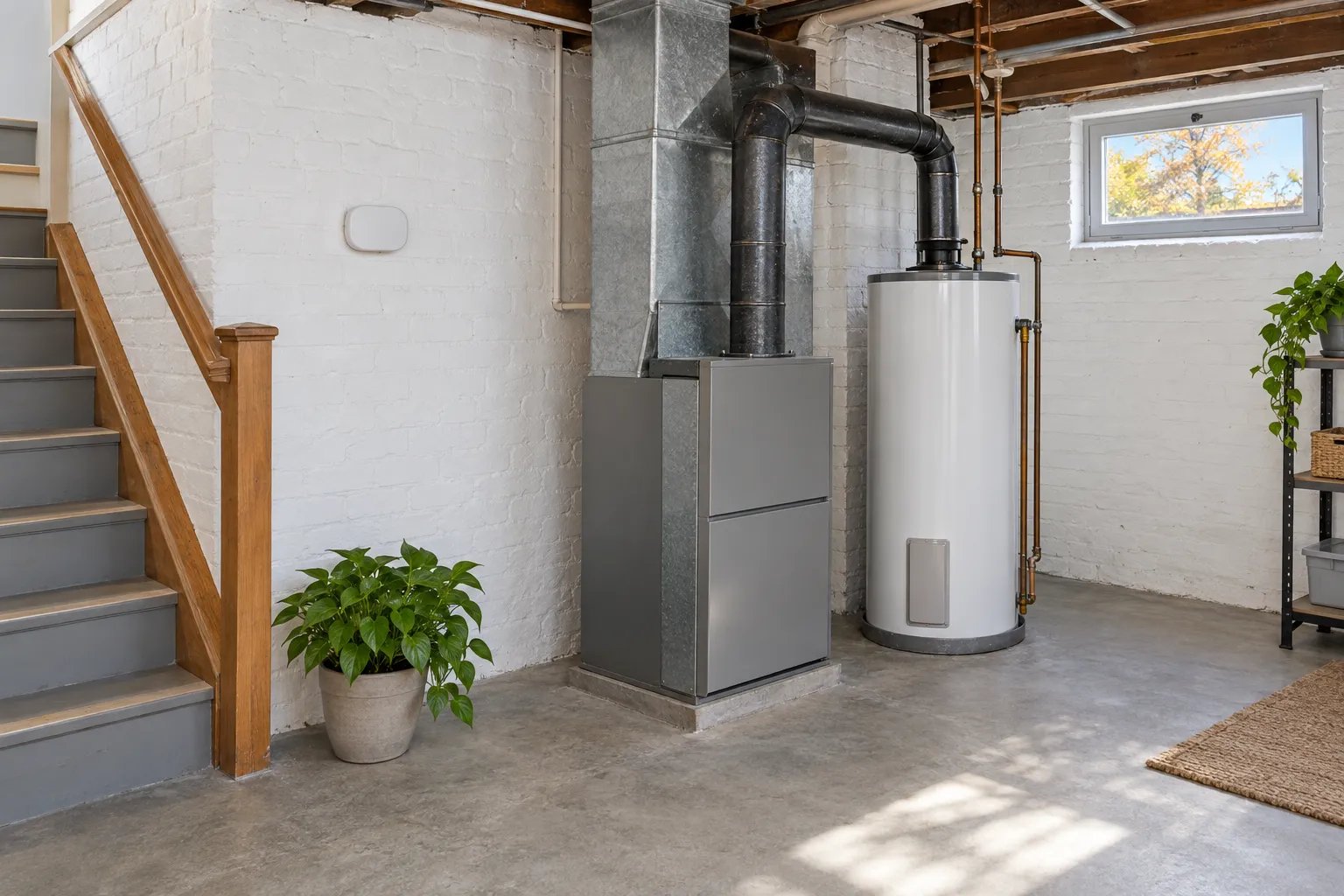 A gas furnace and water heater stand in a bright whitewashed basement, with a carbon-monoxide alarm on the wall by the stairs and a freshly caulked window.
