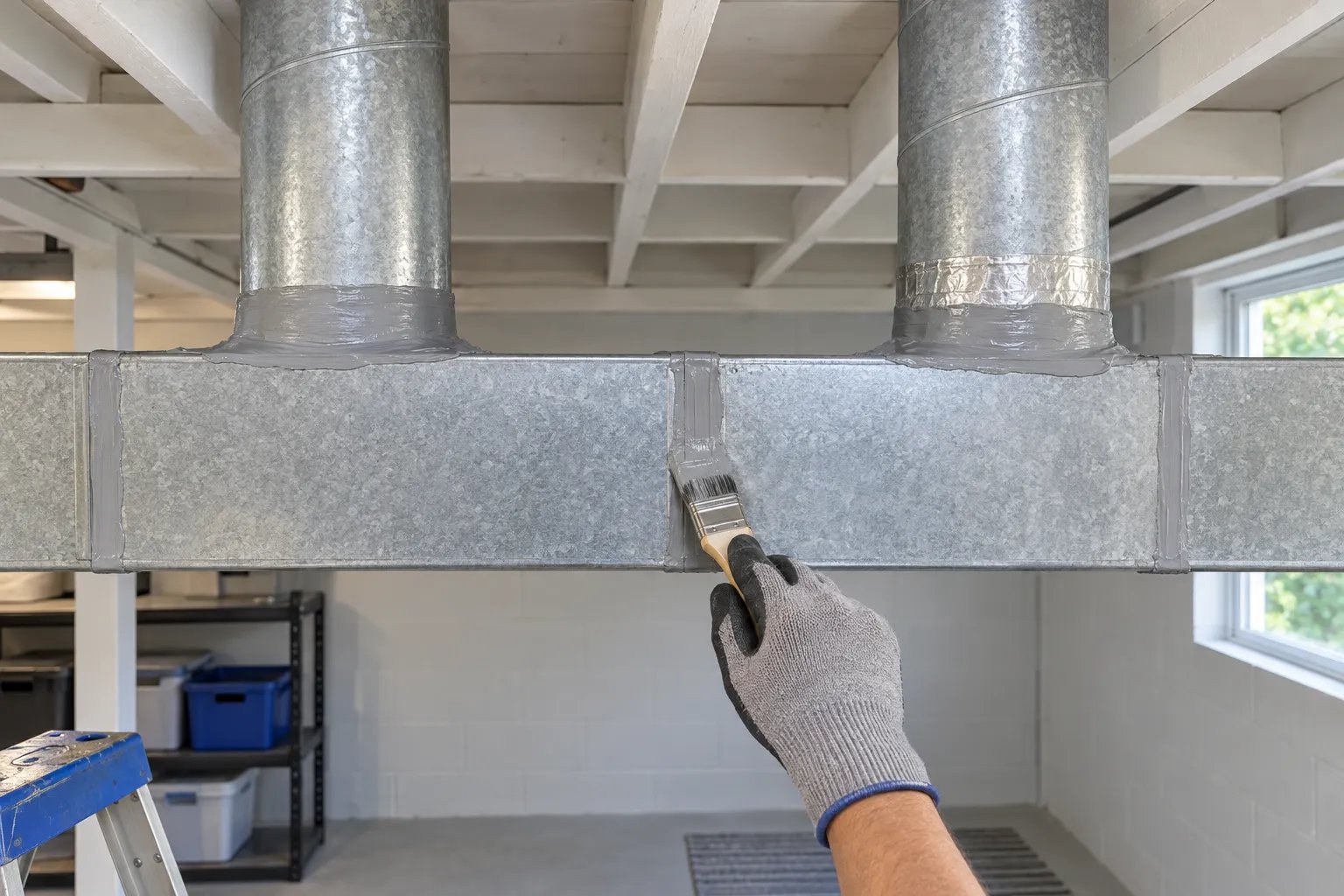 A gloved hand brushes gray mastic onto a seam of a sheet-metal duct below basement joists, where two round ducts rise into the ceiling, one collar wrapped in foil tape.