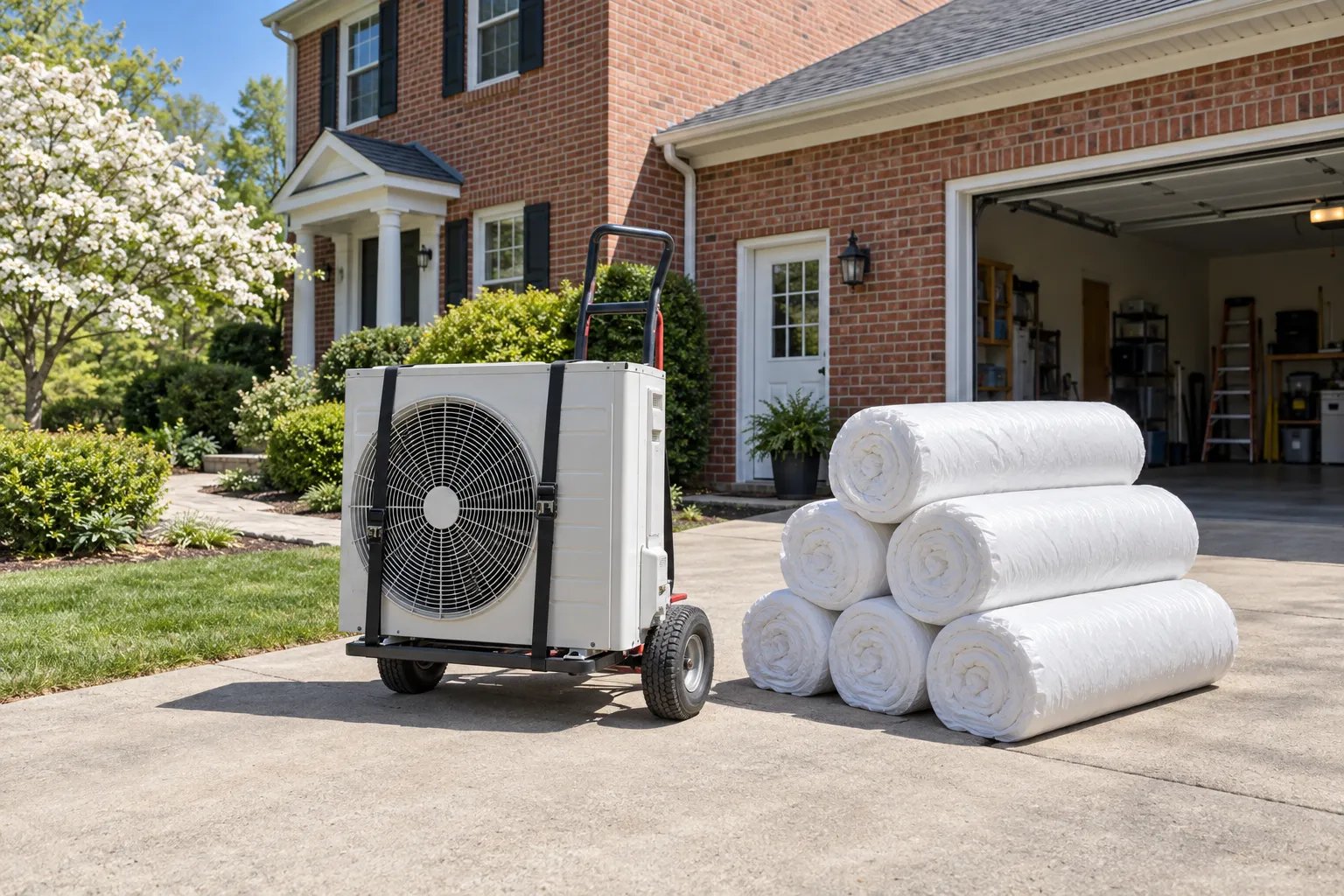 A new heat pump outdoor unit on a hand truck waits beside rolls of attic insulation on the driveway of a brick house in spring.