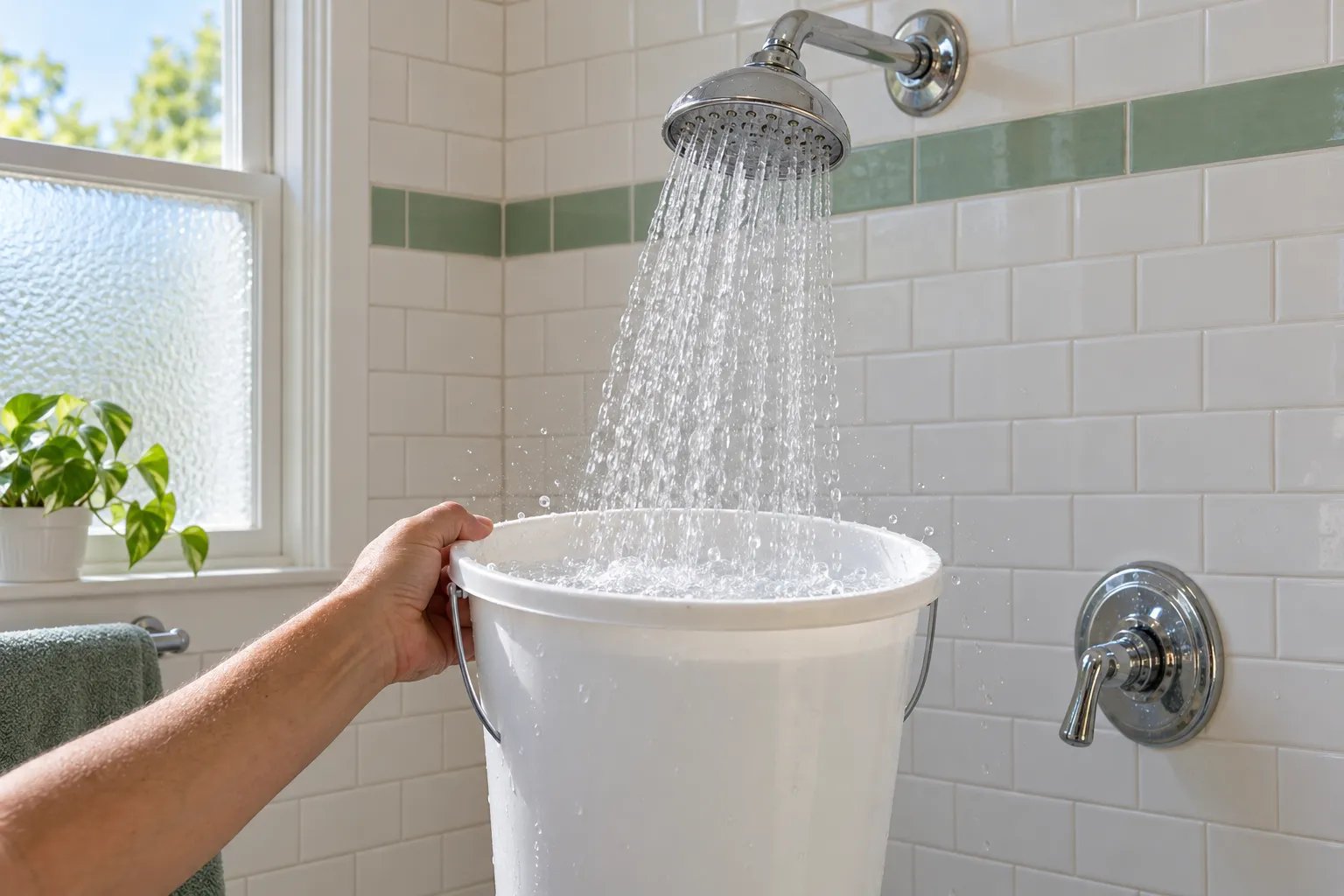 A hand holds a white bucket under the spray of a chrome showerhead in a bright tiled bathroom.