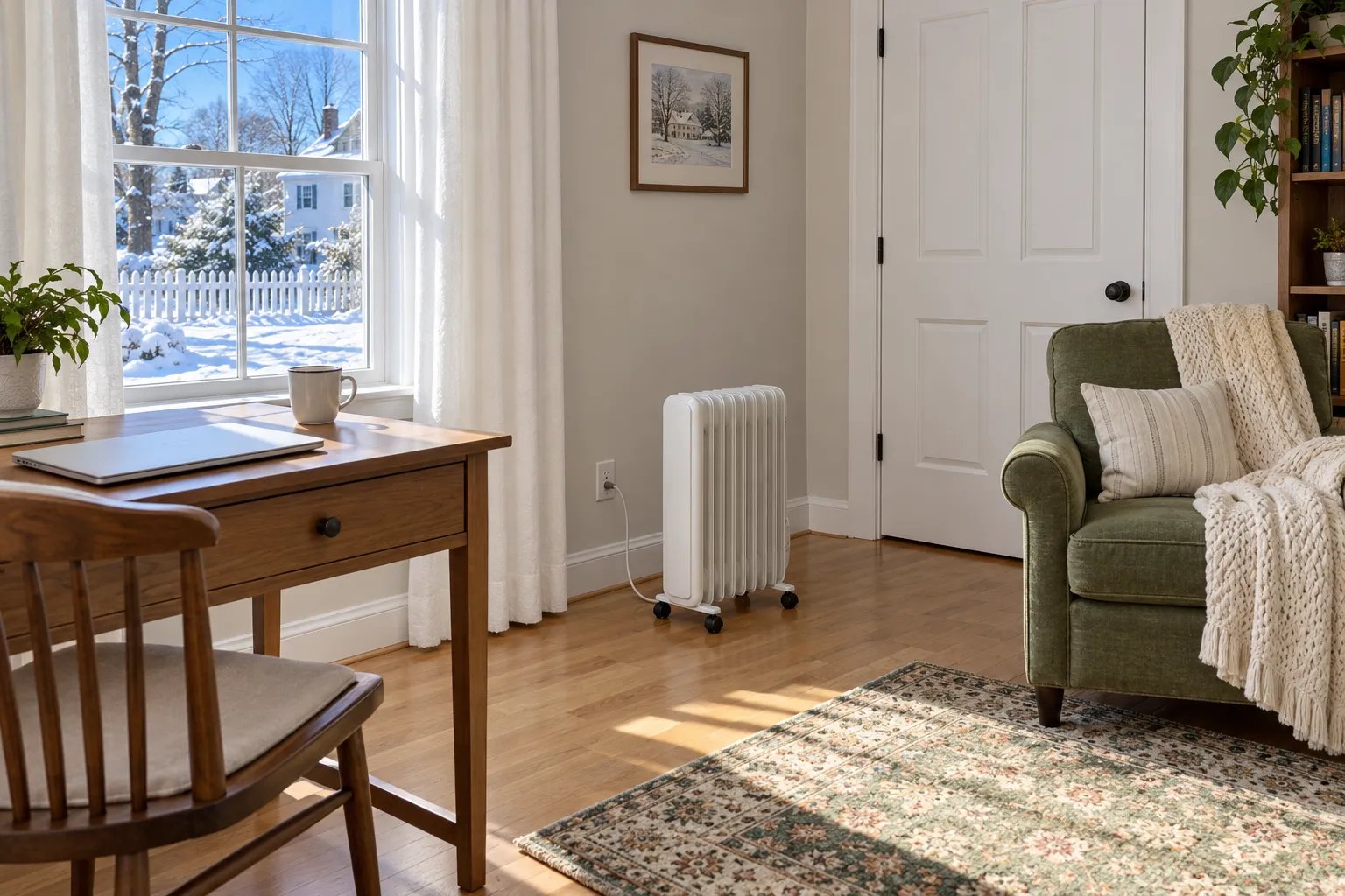 A white oil-filled space heater stands well clear of an armchair and curtains in a sunny home office, with snow outside the window.