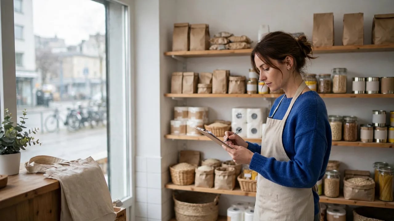A woman wearing a blue sweater and beige apron standing in a shop, writing on a clipboard with shelves of dry goods in the background.
