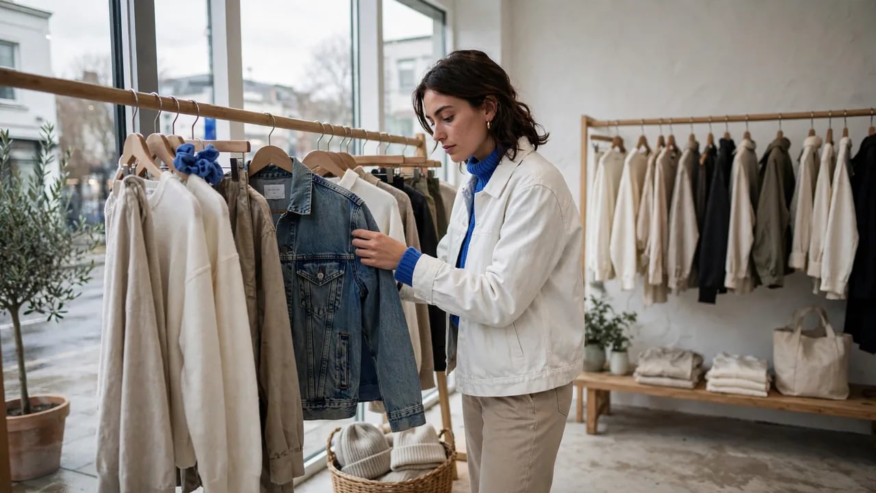 A woman shopping in a clothing store, examining a denim jacket hanging on a rack.