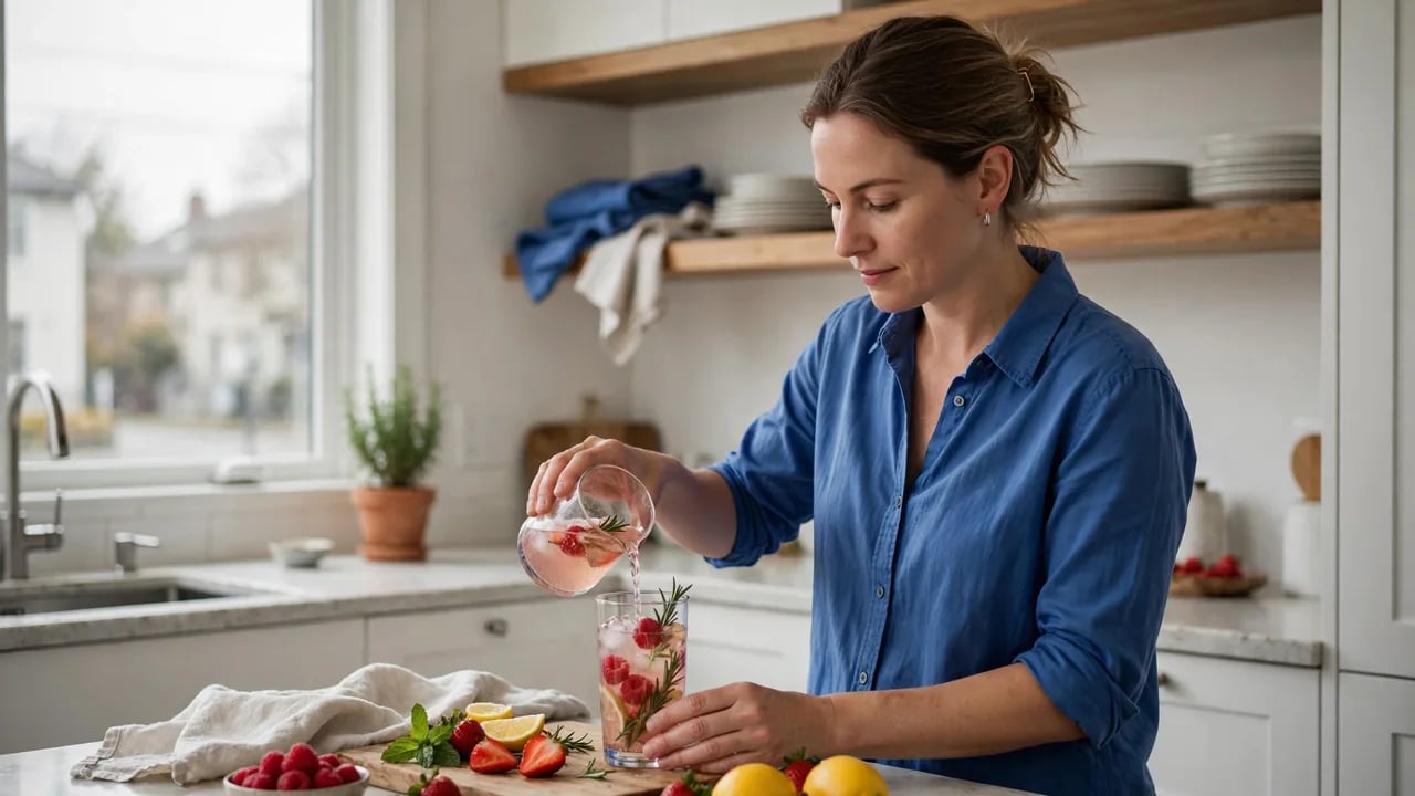 A woman in a blue shirt pours a pink cocktail with berries and rosemary into a glass on a kitchen counter.